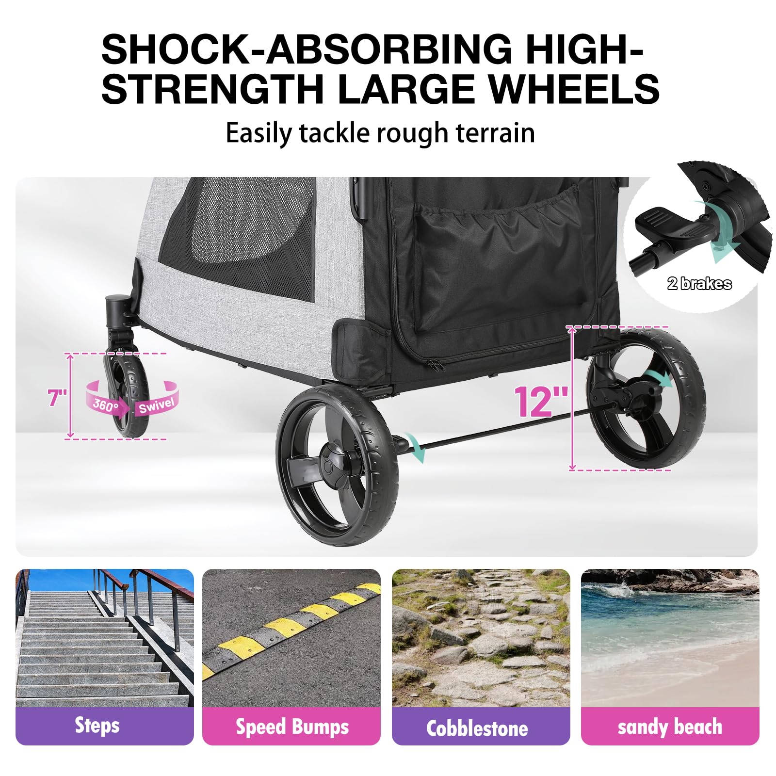 Echosmile Xl Extra Large Dog Stroller - Adjustable Handles,Lightweight Folding Pet Stroller,All-Terrain 4 Wheel For 2 Medium Dog