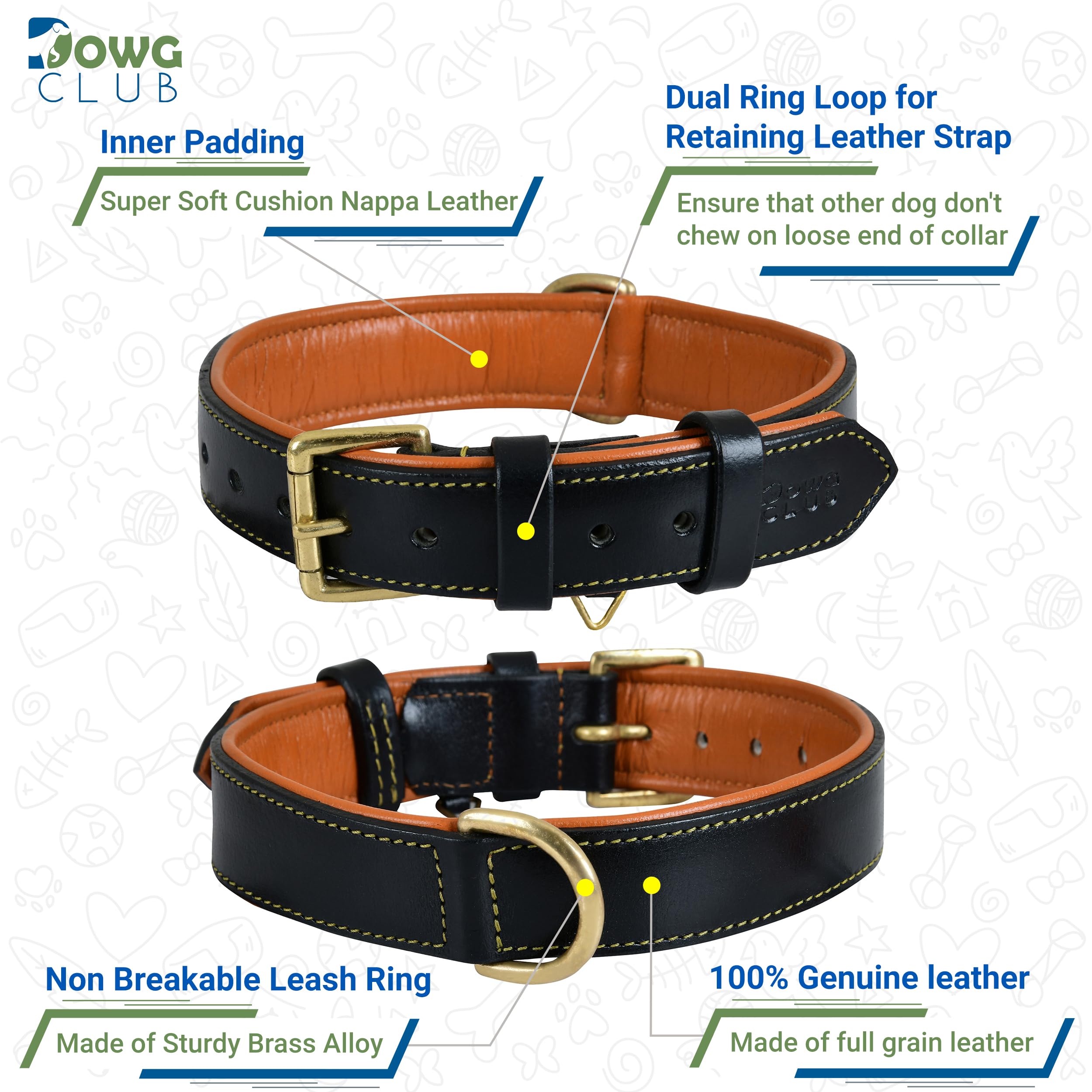 Dowgclub | Genuine Leather Dog Collar | Full Grain, Heavy Duty | Padded, Comfortable, Strong | Best For Pups, Small, Medium, Large, X- Large Dog Breeds, (Medium (Fit Neck Size 14.5'-18.5'), Black)
