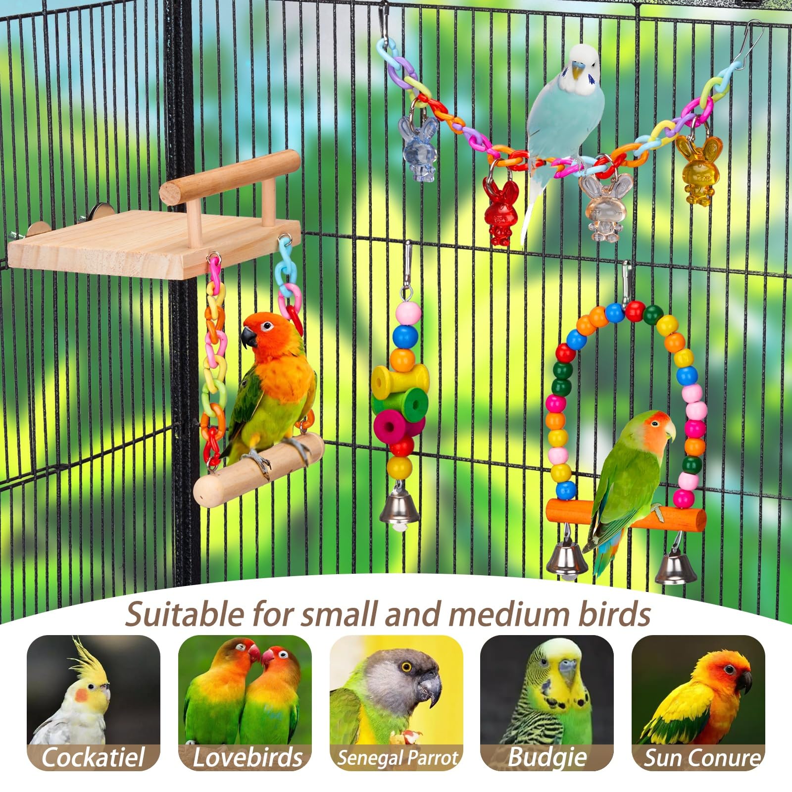 Frgkbtm 11Pcs Bird Parakeet Toys Wooden Bird Platform Stands Swing Hanging Chewing Toy Parrot Climbing Ladder Colorful Bird Cage