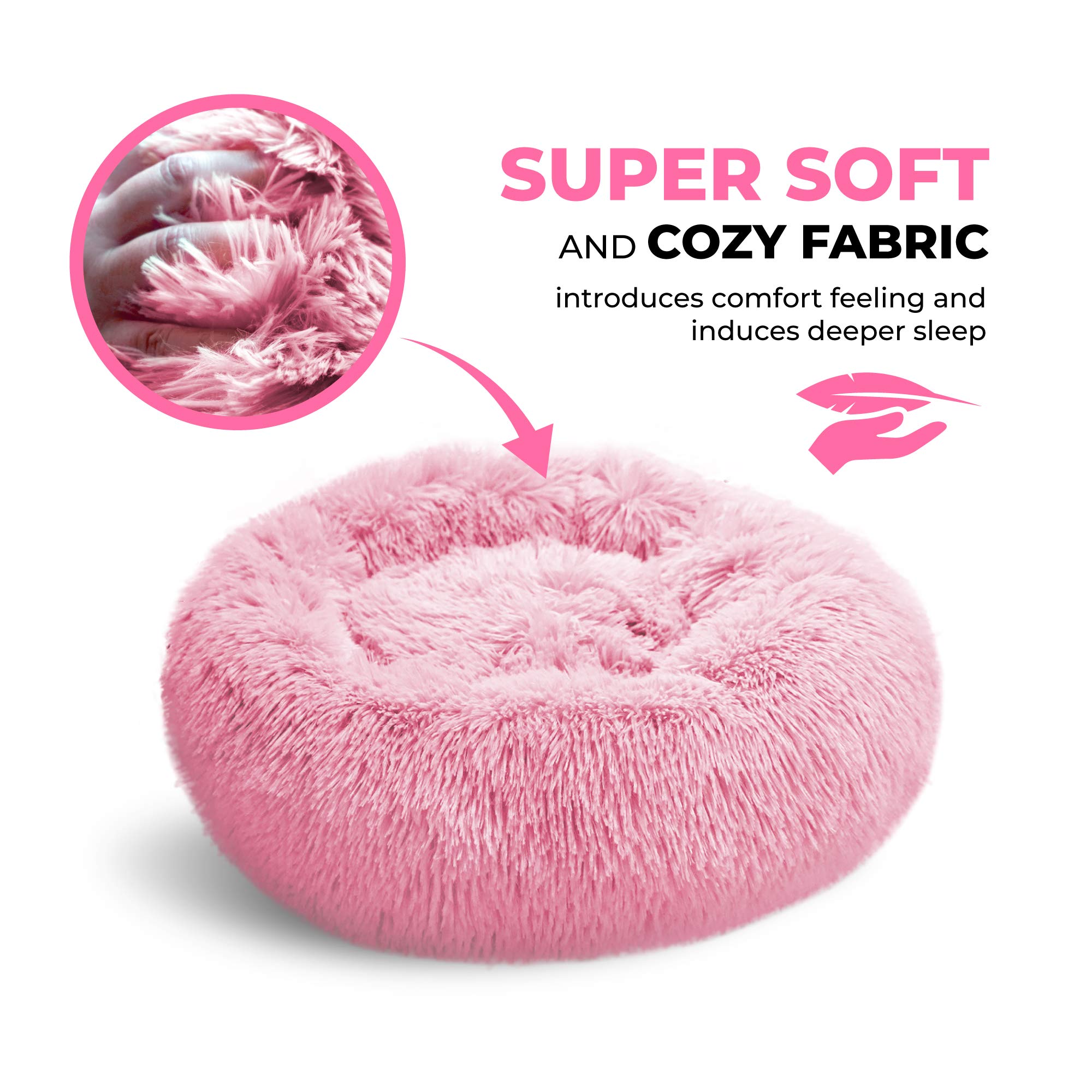 Whiskers & Friends Calming Cat Bed - Plush, Gradient Pink, 23x23 Inch, Anti-Anxiety for Cats & Small Dogs, Washable Donut Design