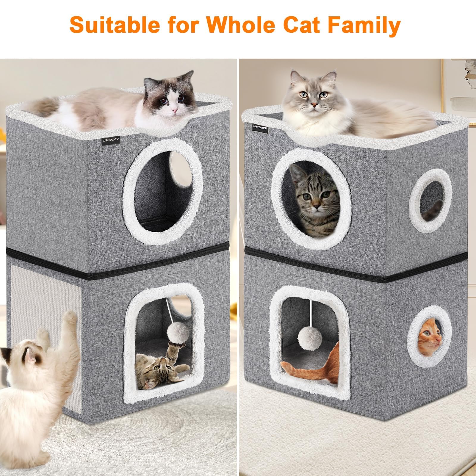 Urpower 2 Story Cat Bed, Large Cat House For Indoor Cats Covered Cat Cave With Hideaway, Scratch Pad And Fluffy Ball, Foldable C