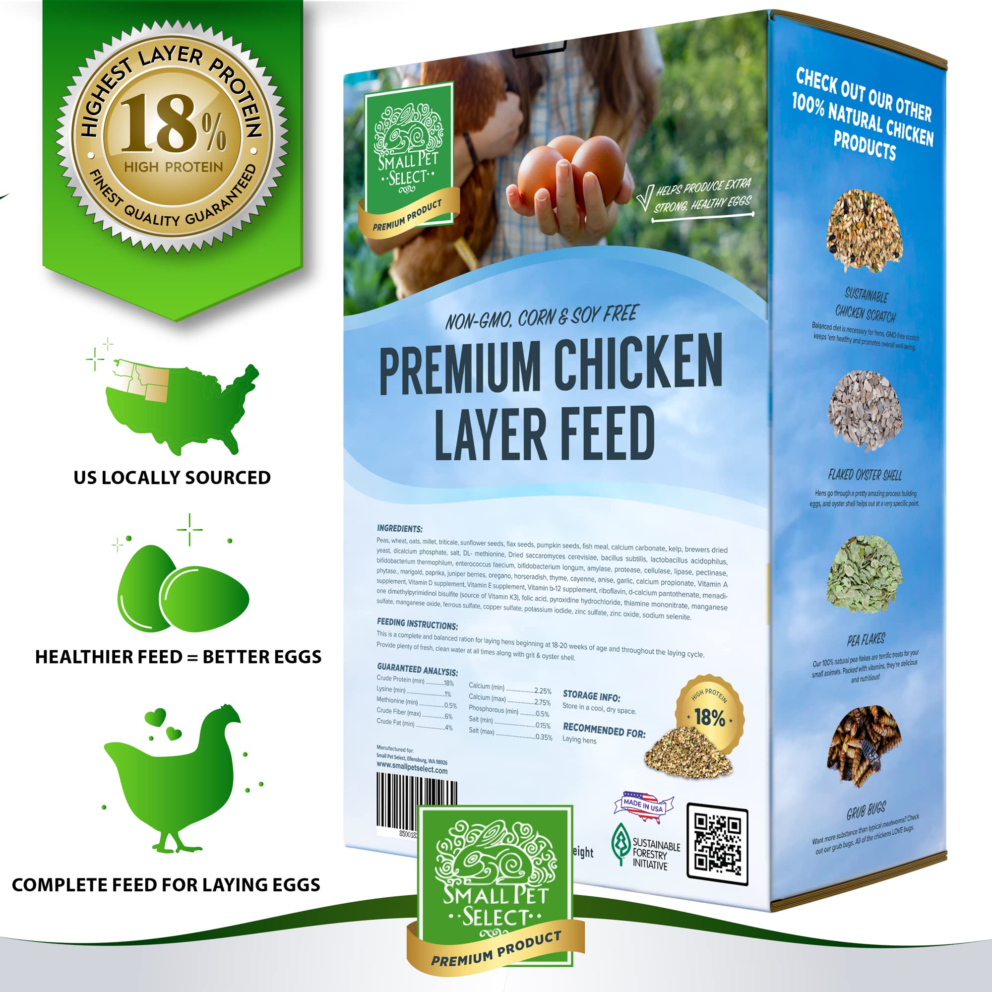 Small Pet Select Chicken Layer Feed Pellets | 18% Protein Level | Corn-Free, Soy-Free, Non-GMO | All Natural US Locally Sourced