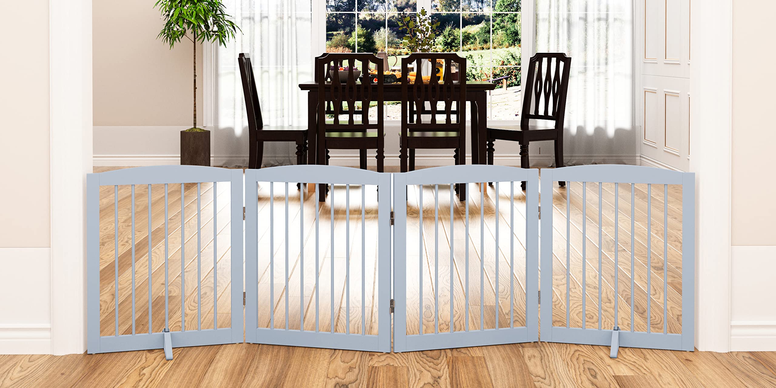 PUPETPO Freestanding Pet Gate - Foldable Wooden Dog Gate for House, Indoor, 80 Inch Wide, 4 Panels 24, Grey