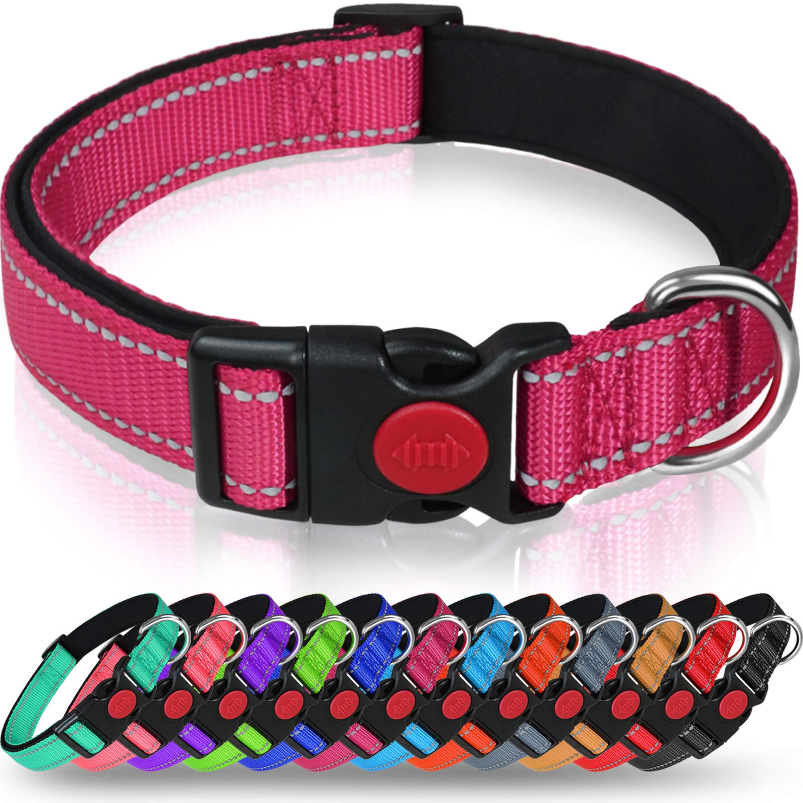 Taglory Reflective Dog Collar With Safety Locking Buckle, Adjustable Nylon Pet Collars For Puppy Dogs, Xs, Hot Pink