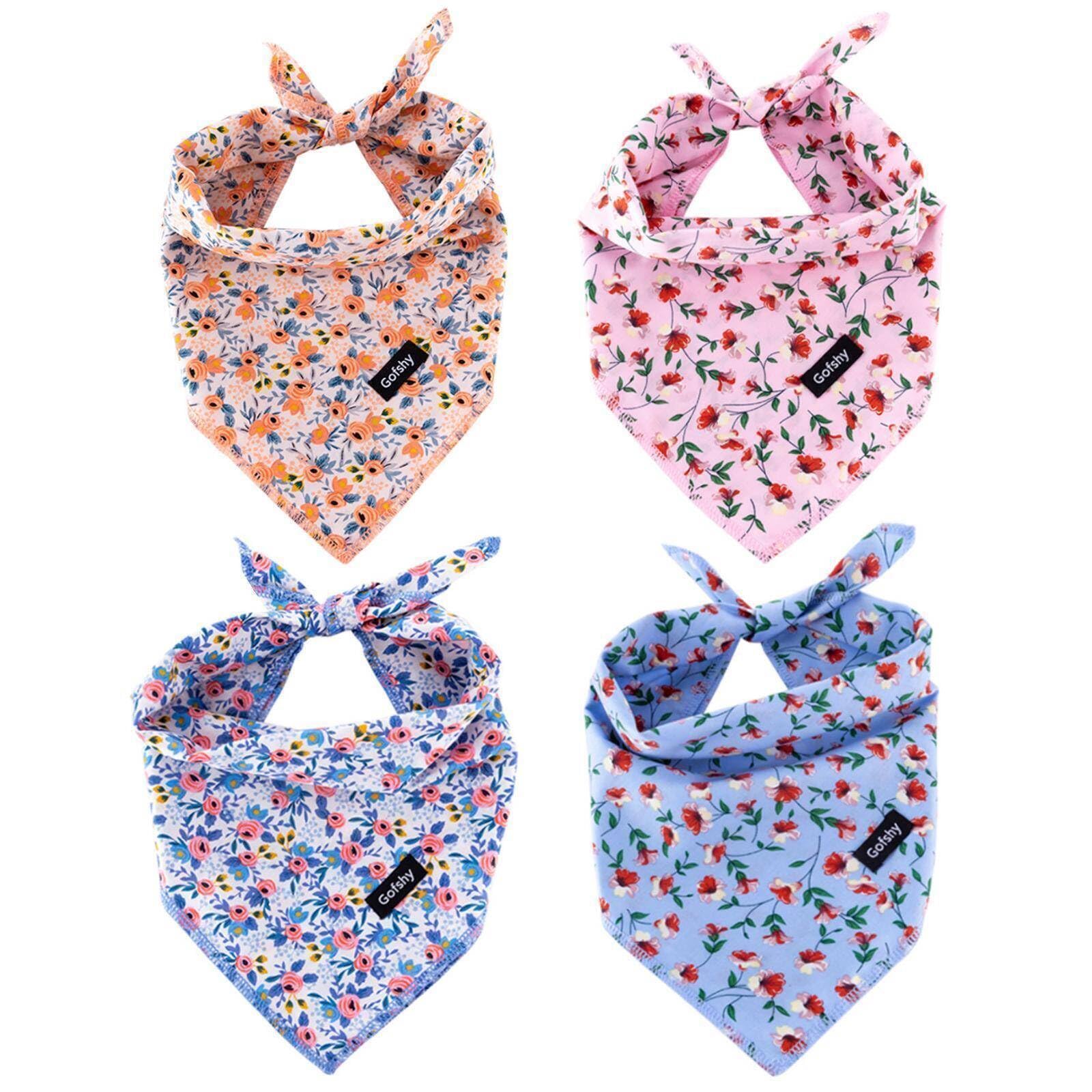 Gofshy XLarge Dog Bandanas Spring-4PCS Puppy Bandana Orange Pink Blue Floral Printing Dog Bib Handkerchief Scarf Breed Accessori