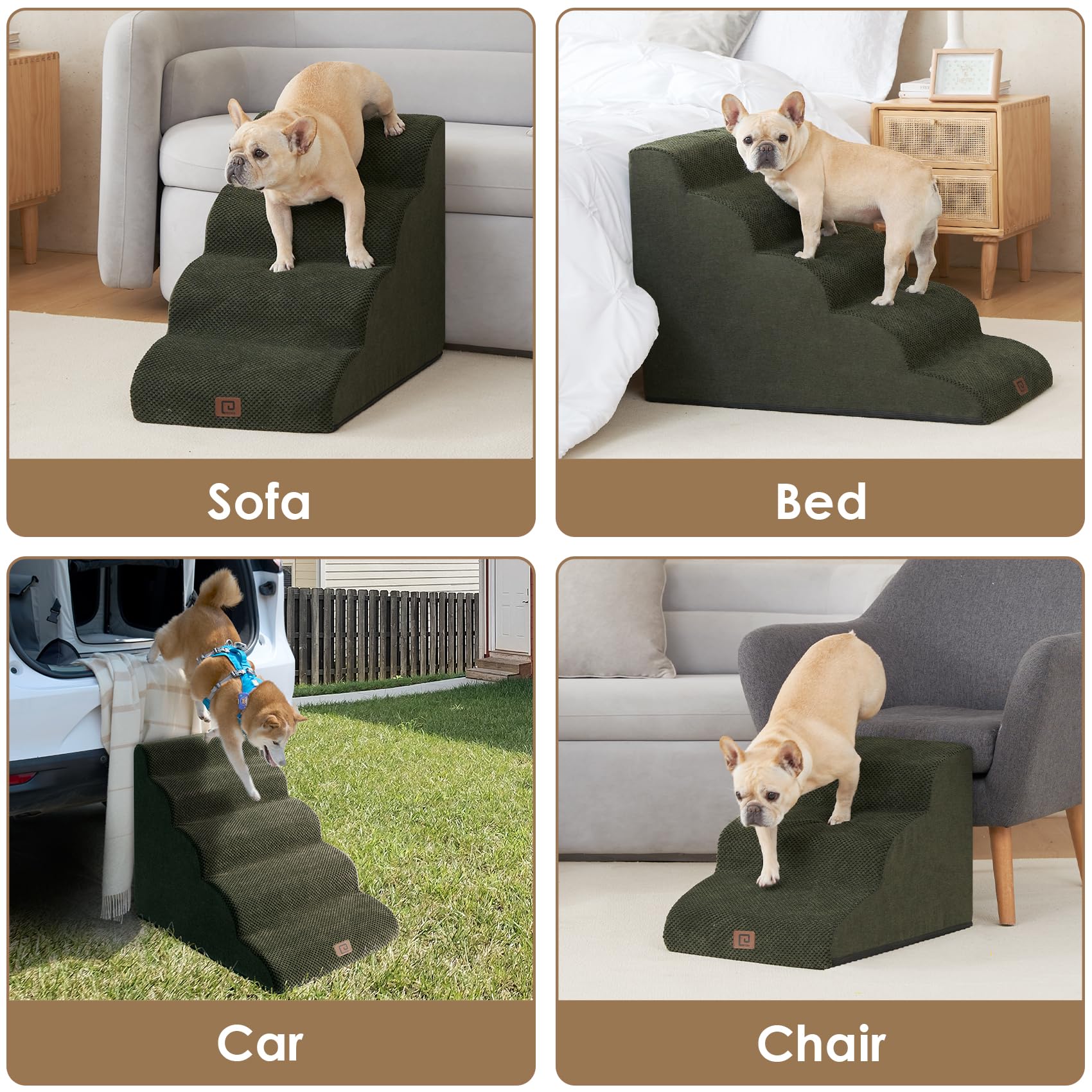 Eheyciga Curved Dog Stairs Ramp For High Beds 22.6' H, 5-Step Dog Steps For Small Dogs And Cats, Pet Stairs For High Bed Climbing, Non-Slip Balanced Pet Step Indoor, Olive Green