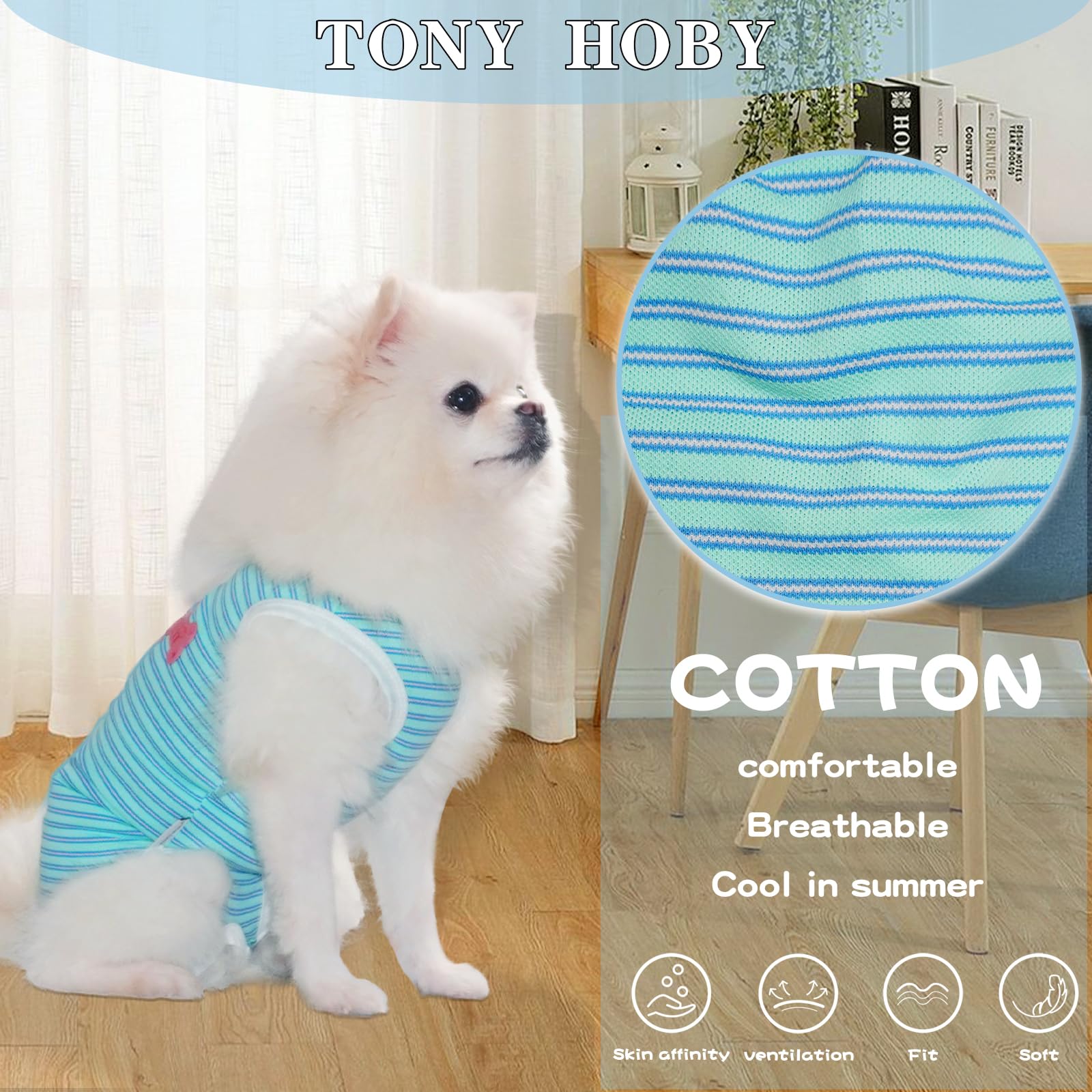 Tony Hoby Dog Pajamas, Summer Dog Shirt, Soft Breathable Dog Pajamas With Fresh Stripes (Blue & Green, L), Large