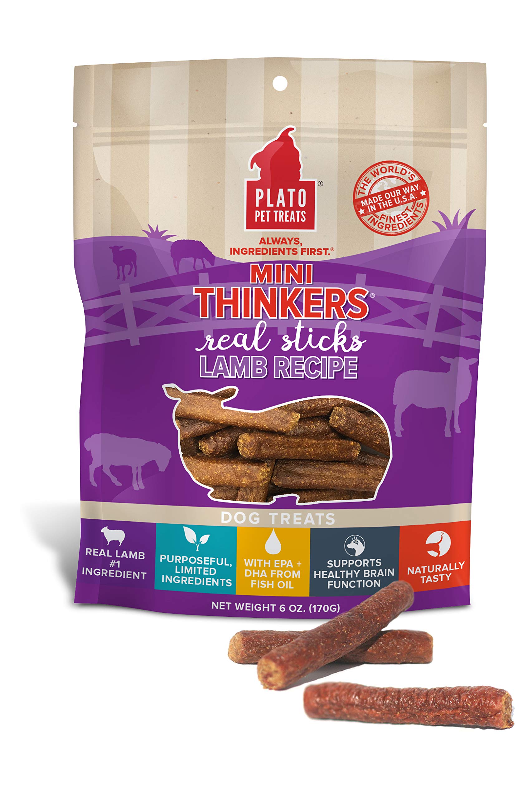 Plato Pet Treats Air Dried Dog Treats Lamb Mini Thinkers Sticks, Natural Dog Treats, Real Meat, Air Dried, Made in the USA, 3oz