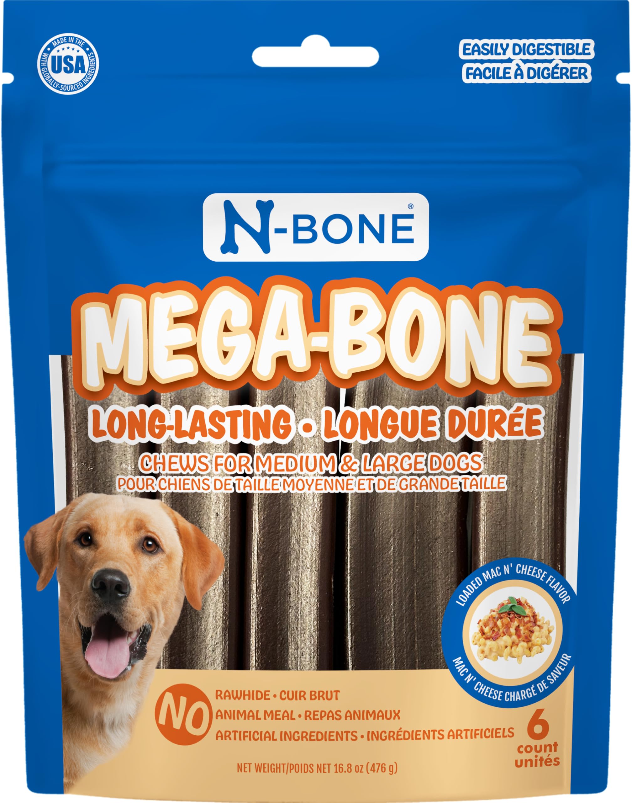 N-Bone Mega-Bone Long-Lasting Dog Chews, Mac n Cheese Flavor, 6count, 16.8oz