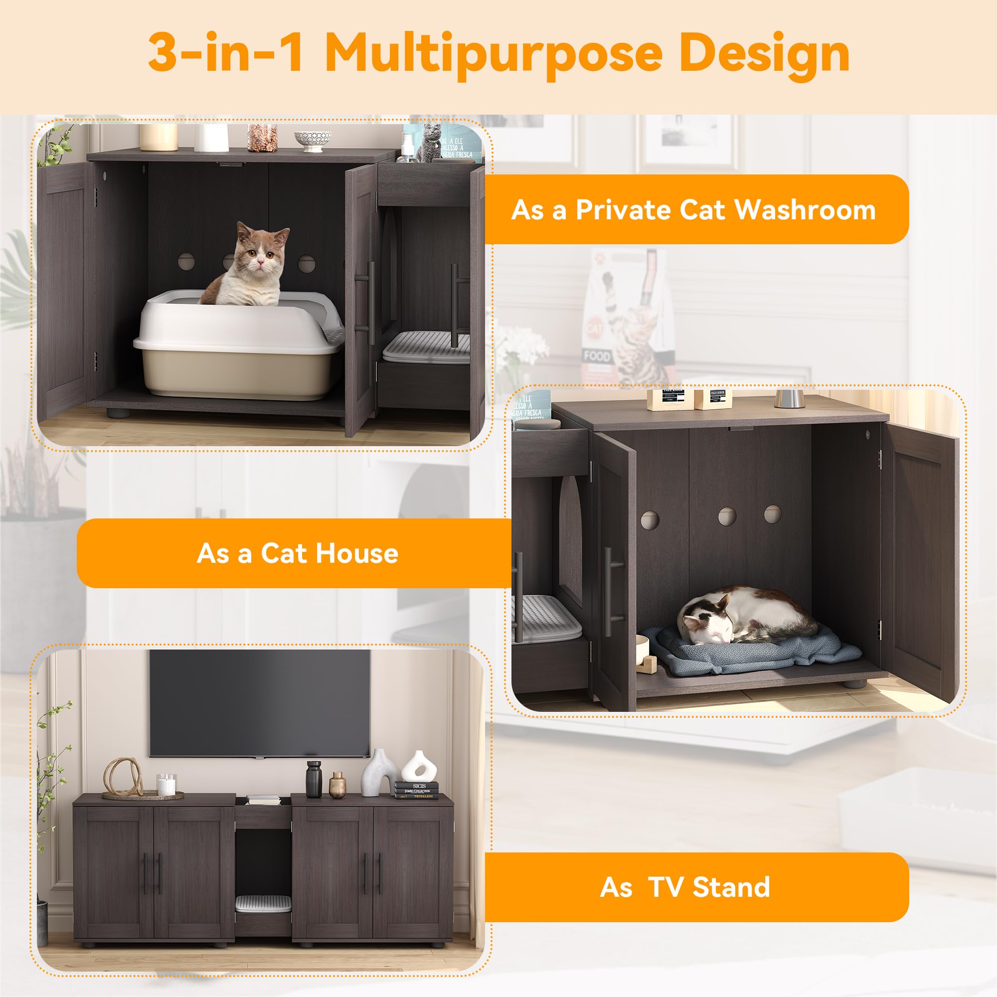 Gaomon Litter Box Enclosure With Double Room,Cat Hidden Litter Box Enclosure Furniture For 2 Cats With Double Room, 55   L X 17.