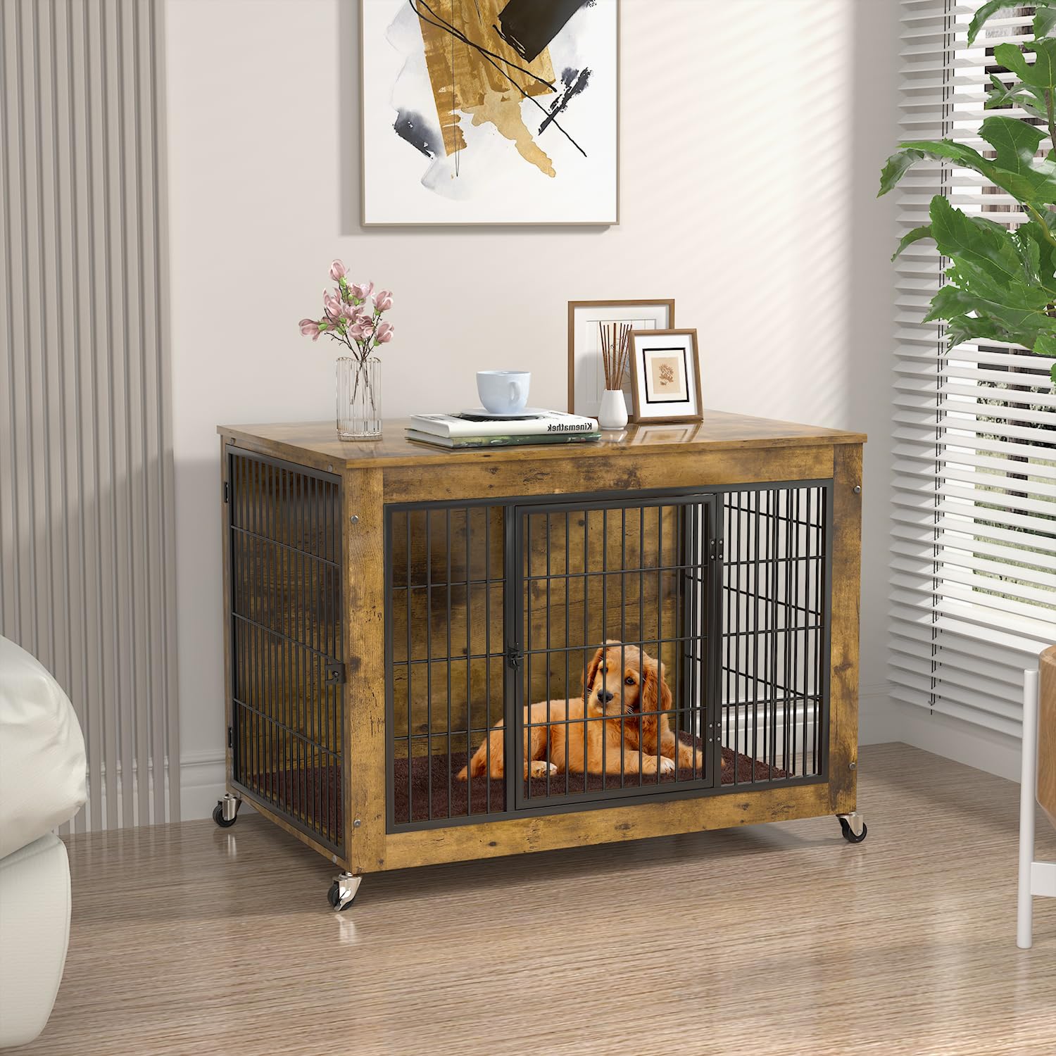 PRETZI Dog Crate Furniture with Cushion,32  Wooden Dog Crate nightstand with Double Doors, Brown Kennel Indoor with Wheels, Deco