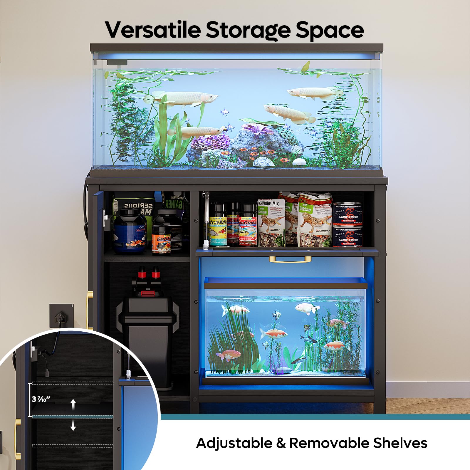 Bestier 40-50 Gallon Fish Tank Stand with Power Outlet&LED Light, 37x18 Heavy-Duty Metal Aquarium Stand with Cabinet&Drawer for