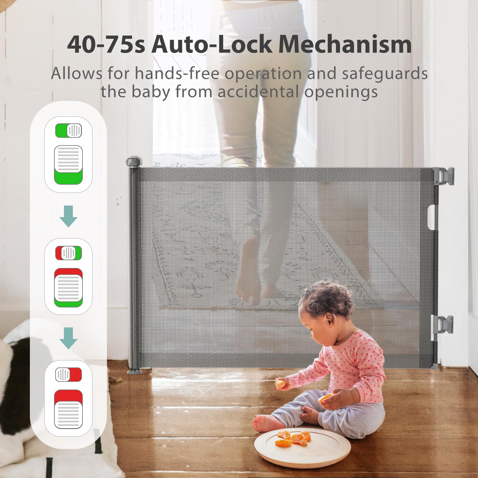 Hardware Mount Retractable Baby Gates for Stairs with Auto-Lock,33'' Tall,Extends up to 71'' Wide Mesh Double Lock Safety Baby D