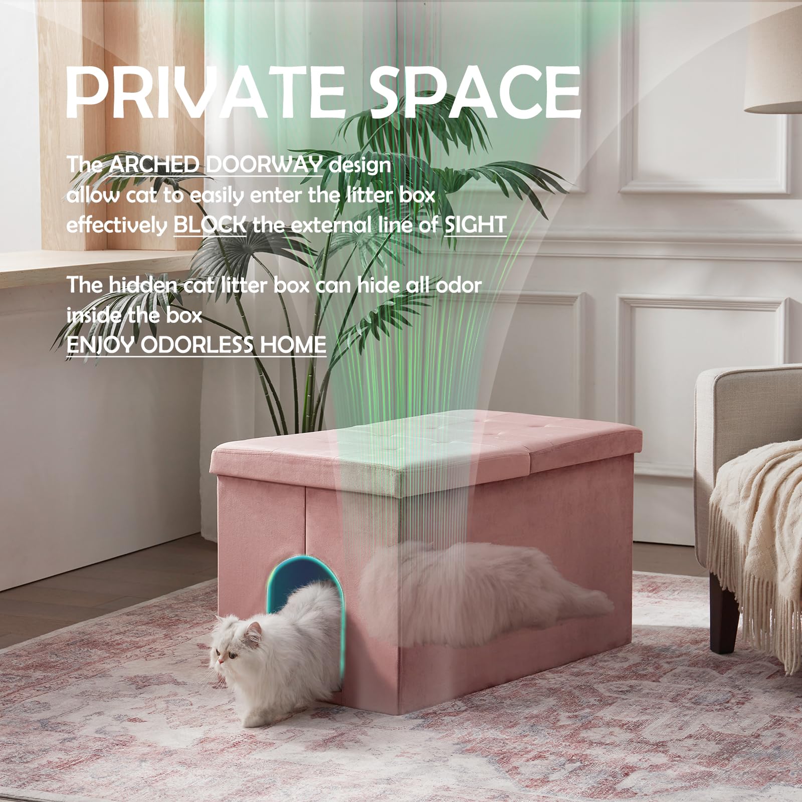 MEEXPAWS Cat Litter Box Enclosure Furniture Hidden Extra Large, Lift Design Lid Velvet Cat Washroom Bench Storage Cabinet | 35.4