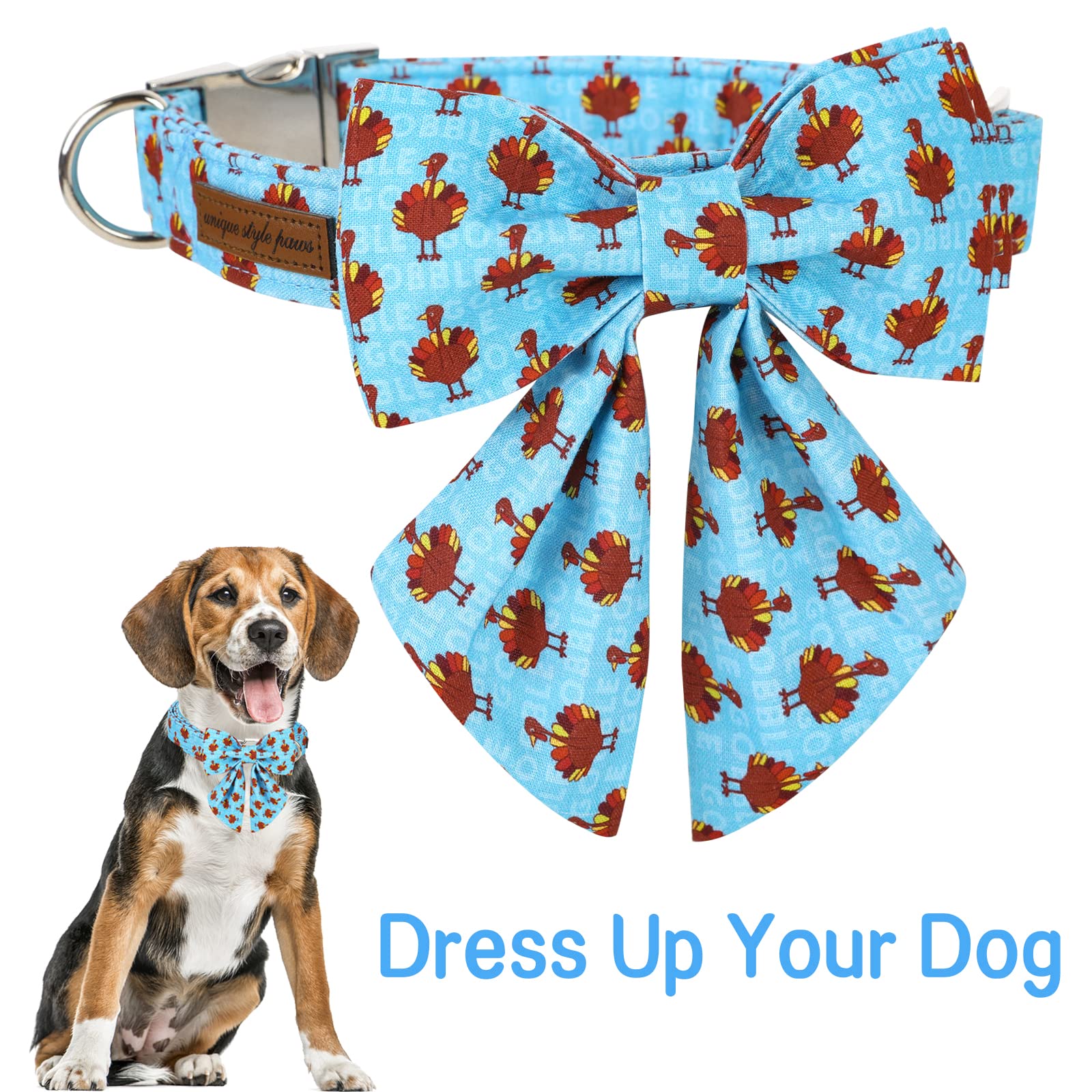 Unique Style Paws Thanksgiving Dog Collar With Bow Tie Blue Turkey Puppy Collar For Small Medium Large Dogs As Autumn Winter Pet