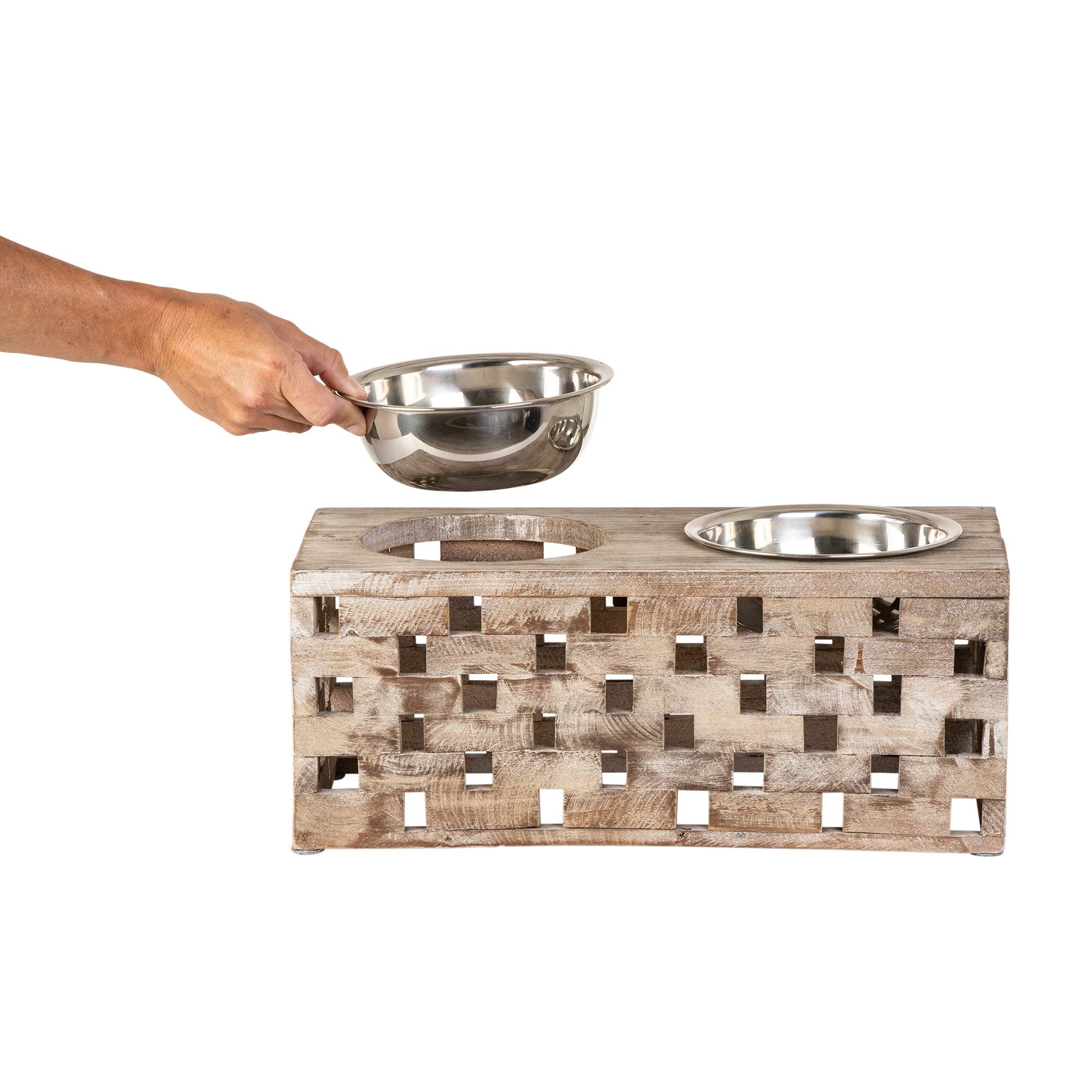 Huntley Pet Elevated Dog & Cat Double Bowl Feeder Stainless Steel Bowls (Berjen Block, Large)