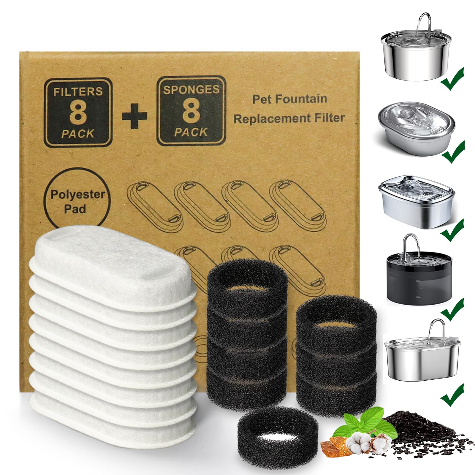 Cat Water Fountain Filters,16 Pack Cat Fountain Replacement Filters for Stainless Steel 67oz/2L Adjustable Water Flow Pet Water 