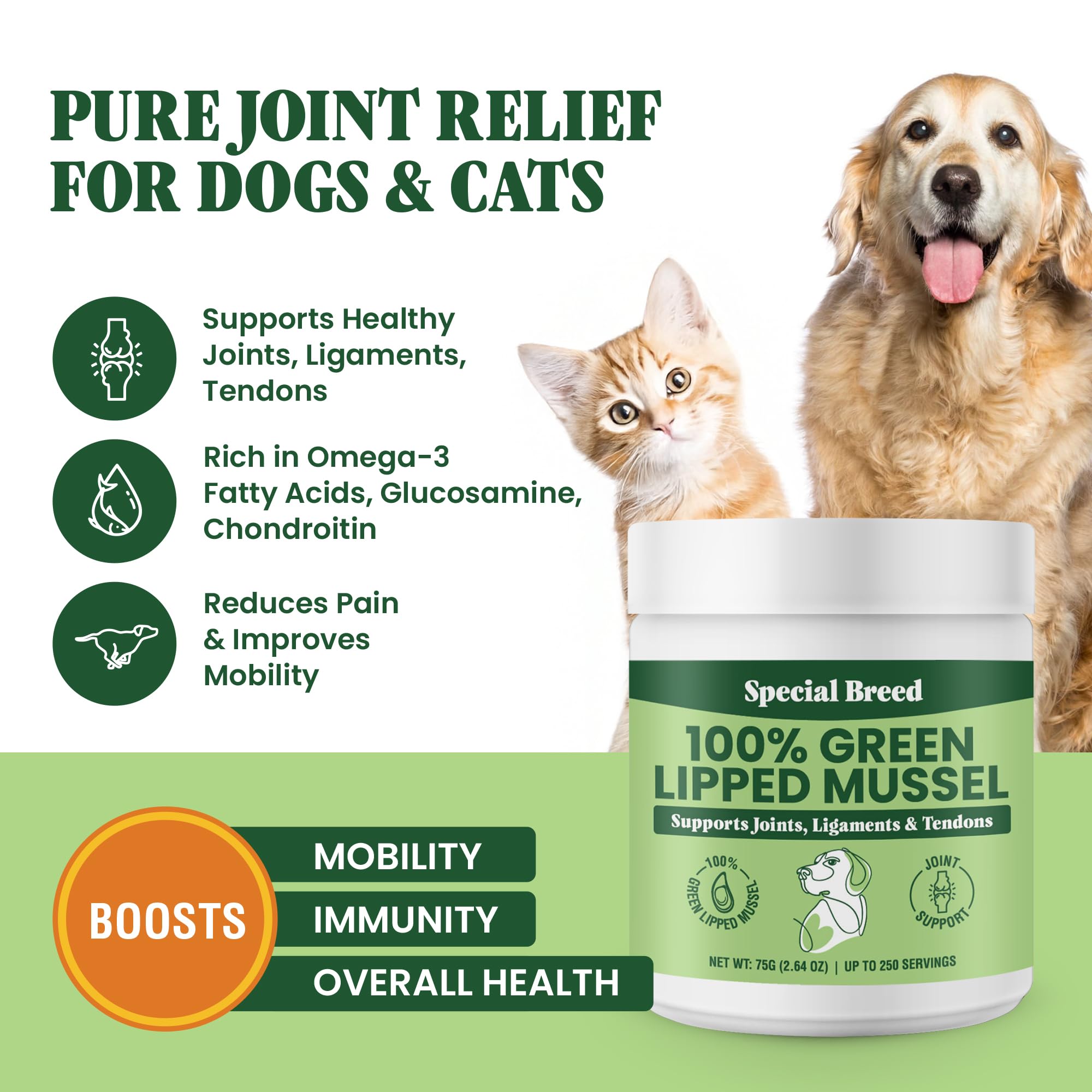 Green Lipped Mussel Powder for Dogs & Cats - 100% New Zealand Green Lipped Mussels - Natural Hip & Joint Supplement for Joints,