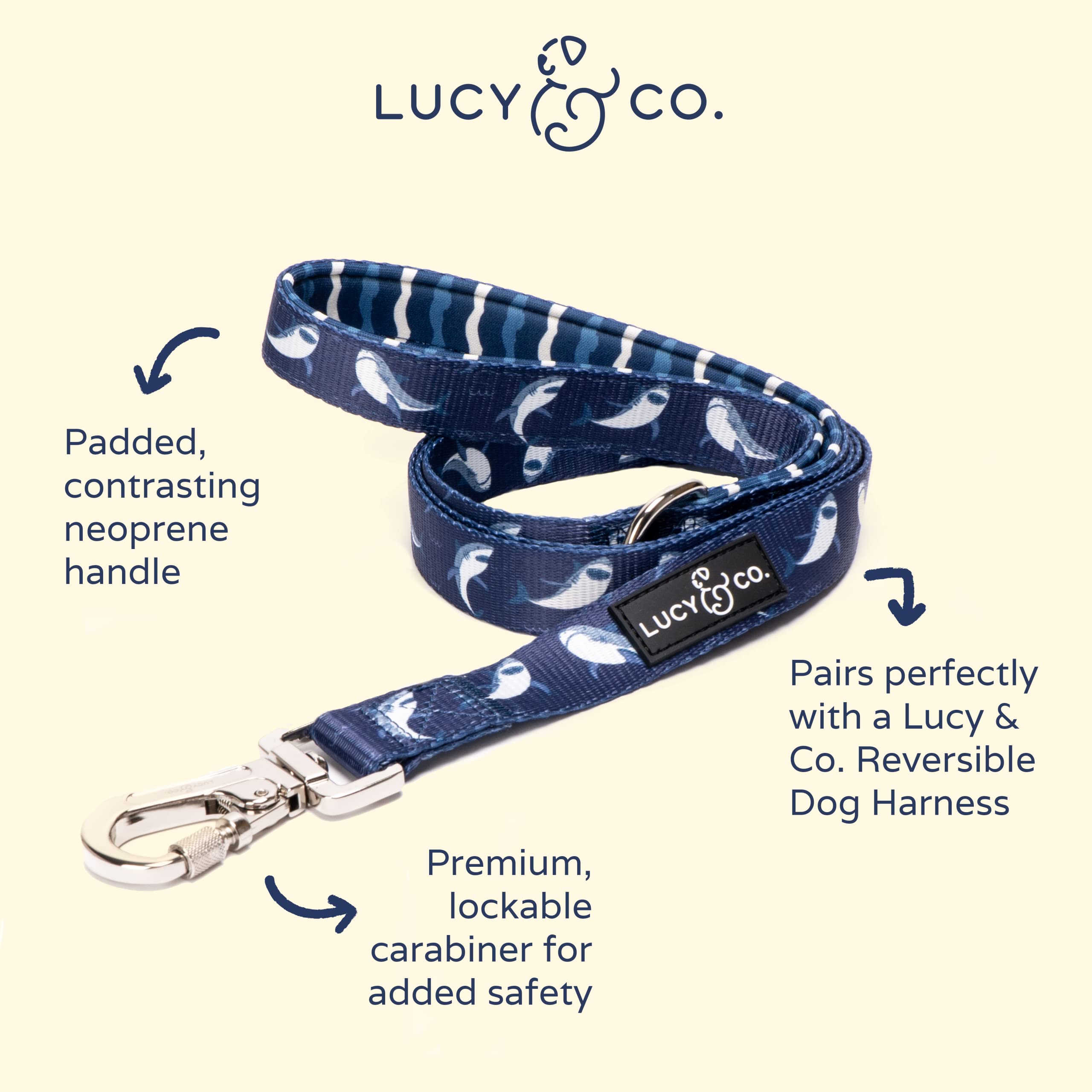 Lucy & Co. 5 Foot Designer Dog Leash - Best for Big, Small, or Medium Dogs - Puppy Leash - Shark Attack Pattern