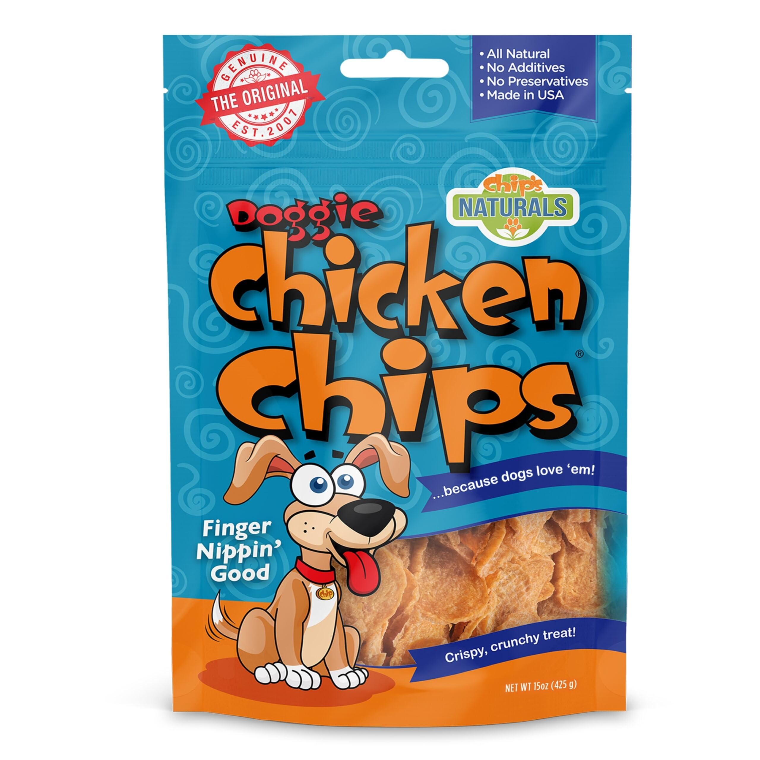 Chips Naturals Doggie Chicken Chips Large 15 oz All Natural High Protein Low Calorie Healthy Dog Treats, Grain Free Gluten Free