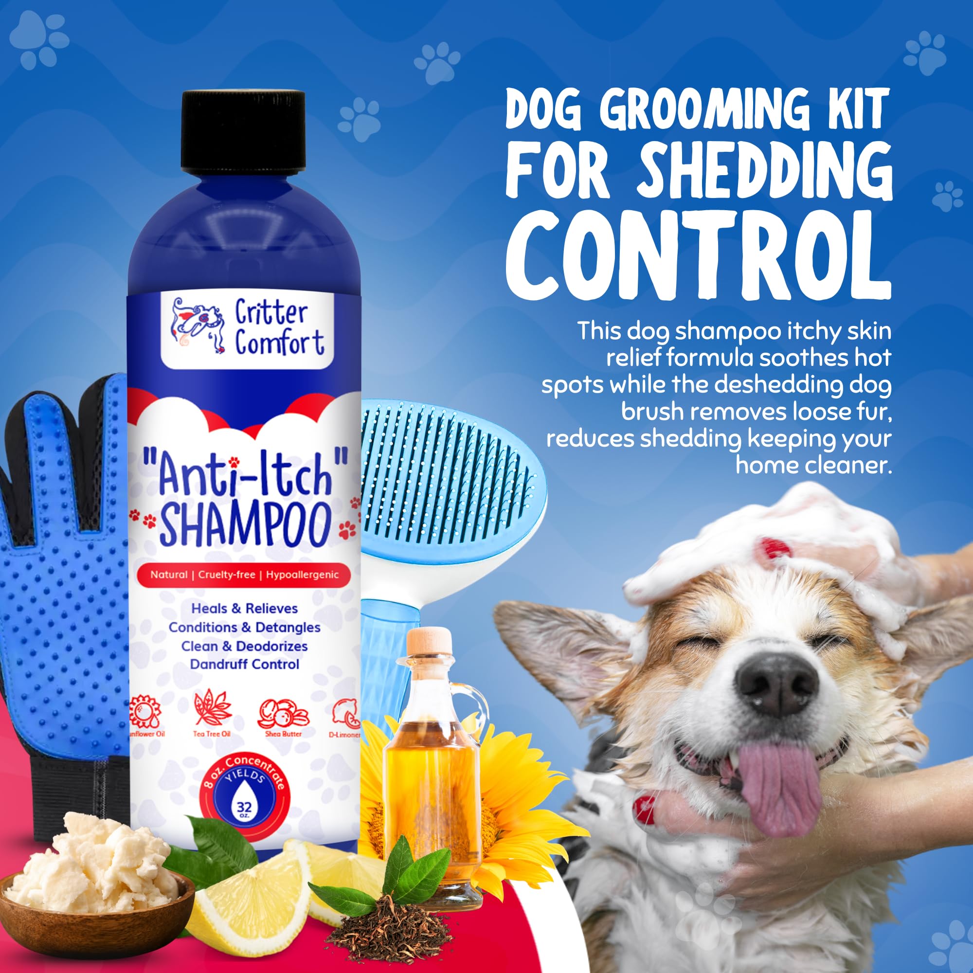 Deshedding Dog Shampoo, Slicker Brush & Grooming Glove for Dogs & Cats. Bundle Includes Critter Comfort Anti-Itch Shampoo, Self-