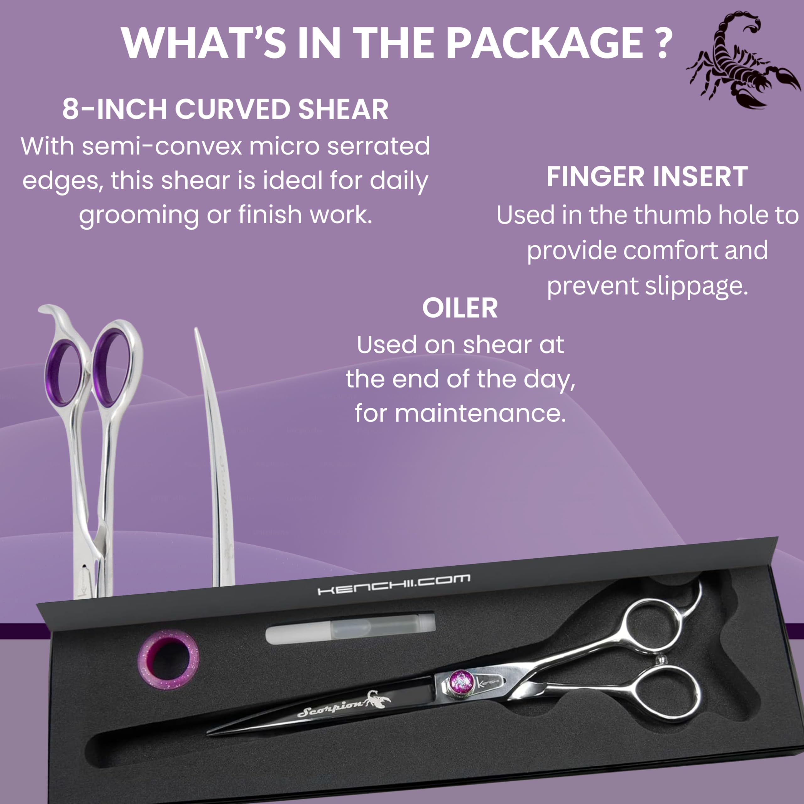 Kenchii Scorpion 8 Inch, Curved Grooming Scissors for Dogs and Pets - Premium Steel Scissors for Dog Grooming - Dog Shears Pet G