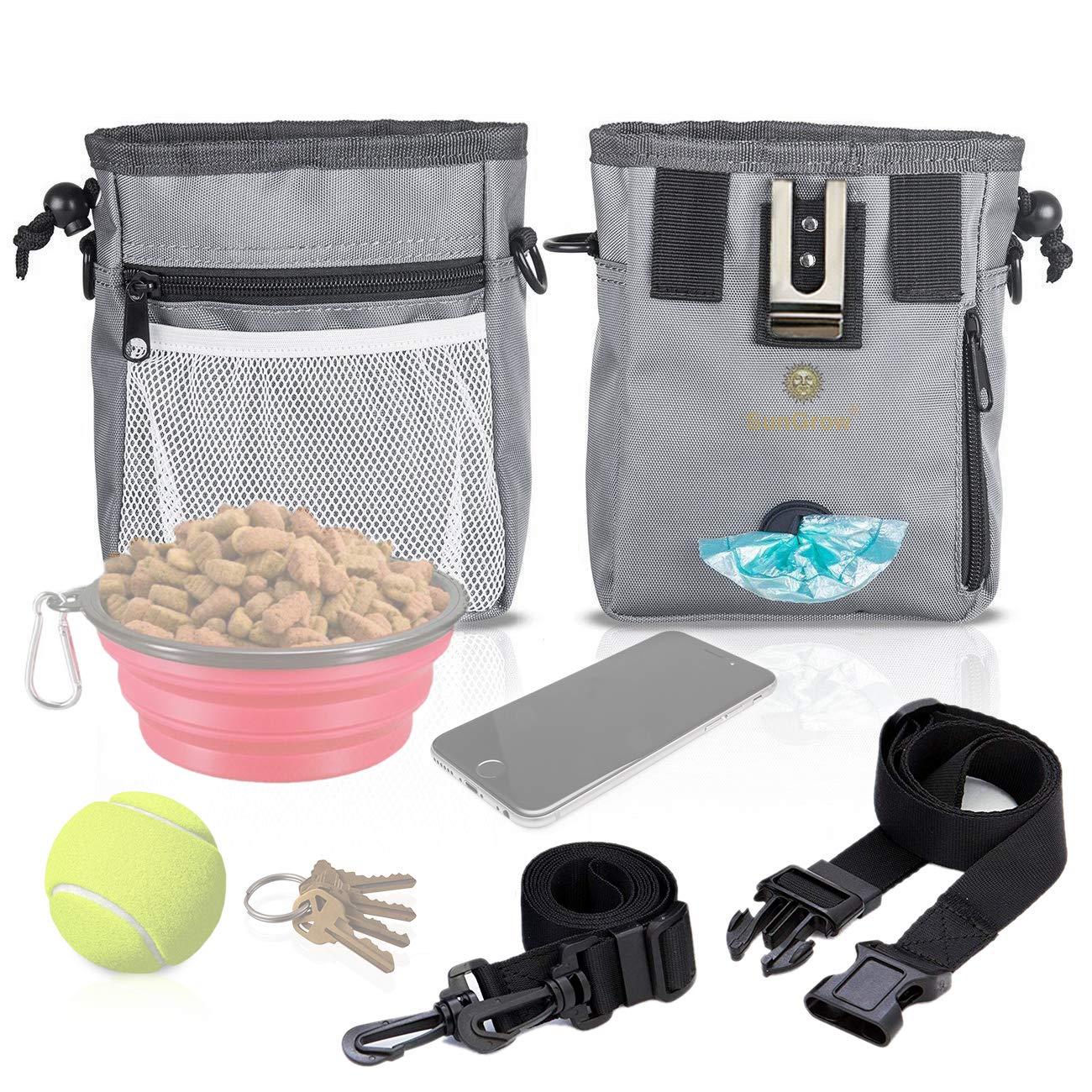 SunGrow Dog Travel Pouch, Training Bag for Treats, Kibbles, Toys & Accessories, Gray, Multiwear and Weather-Proof, 1 Pouch with