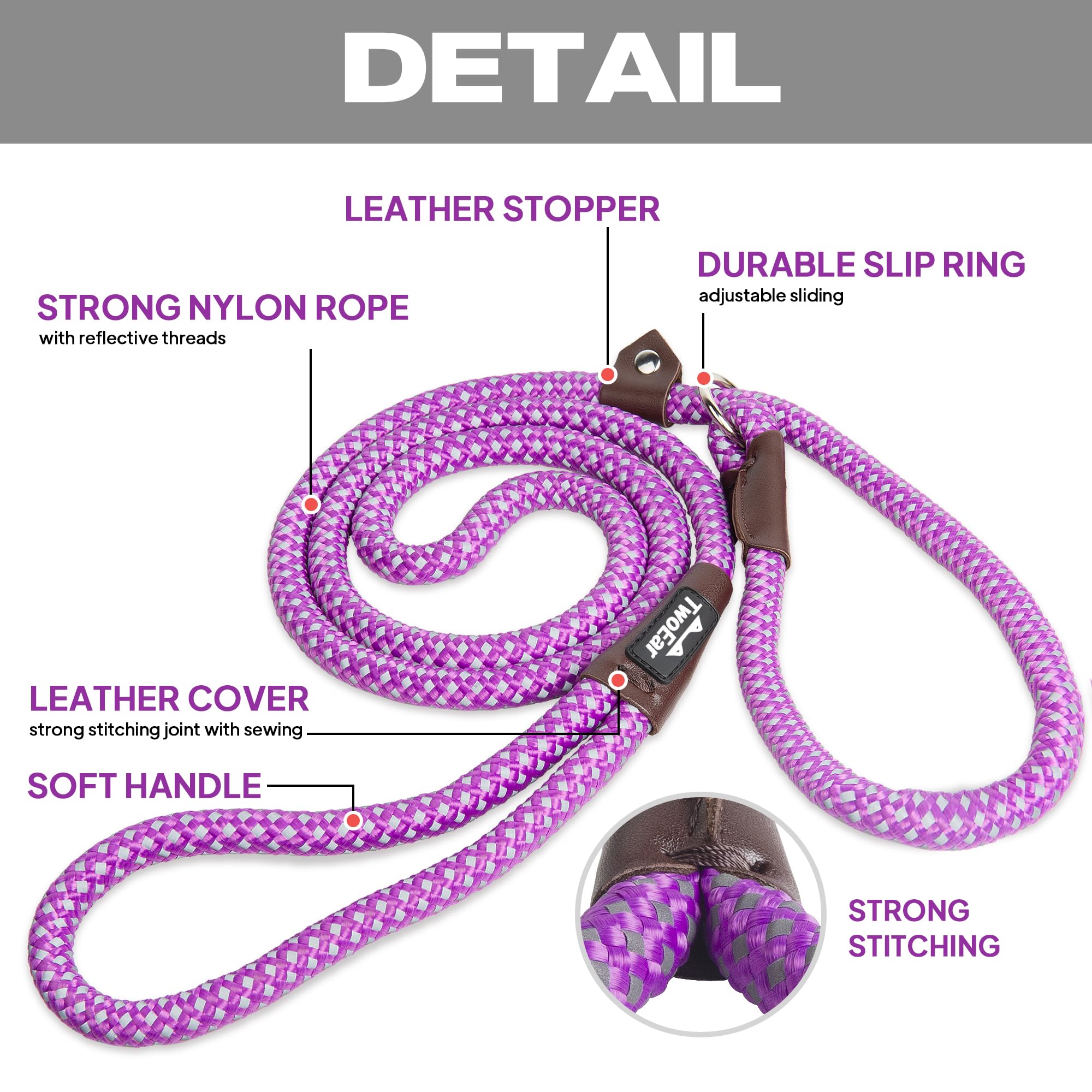 Twoear Dog Leash Dog Slip Rope Leash 6Ft Dog Training Leash Heavy Duty Strong Slip Lead Highly Reflective Threads For Small Medium And Large Dogs (Slim(3/8''X6Ft), Purple)
