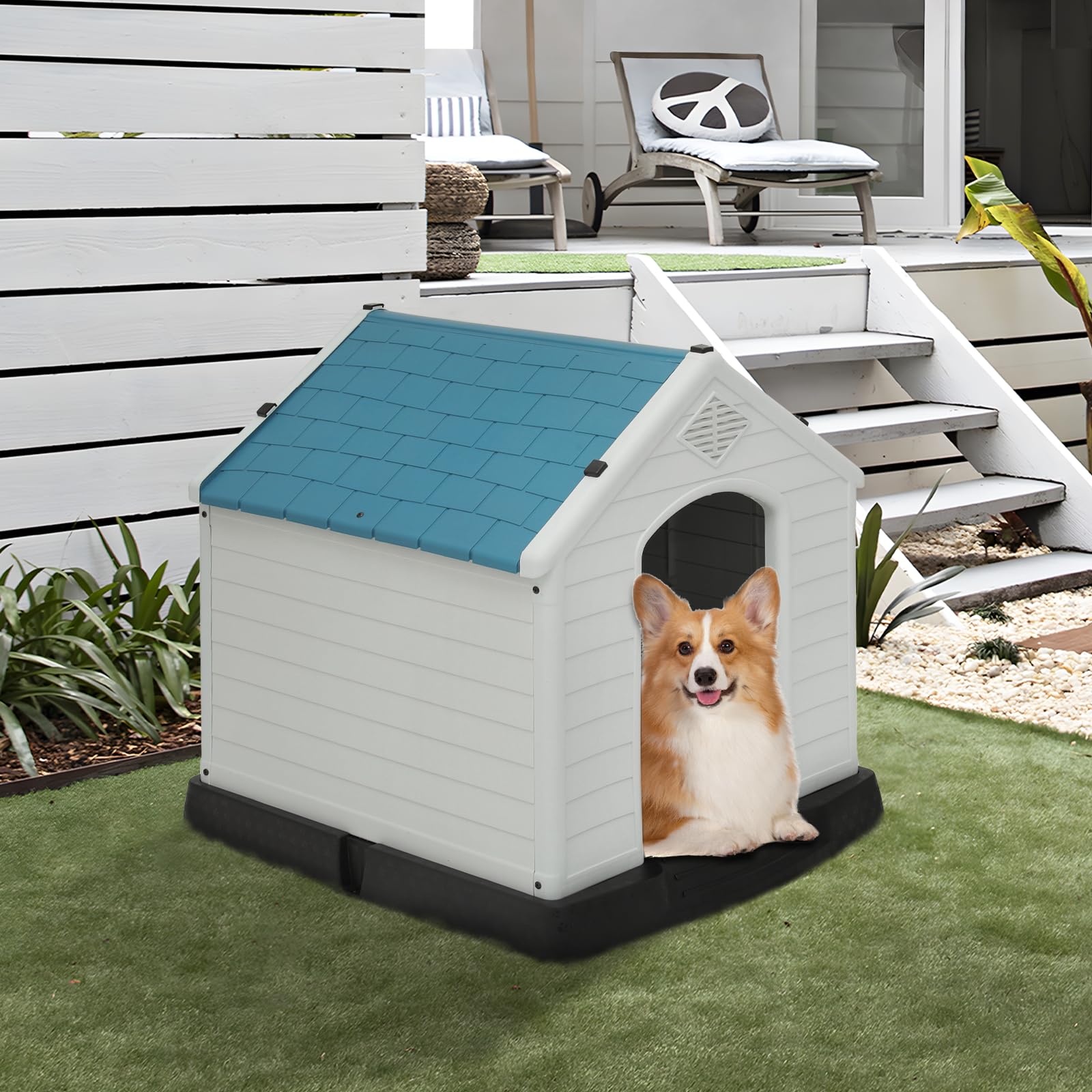 MoNiBloom 32.5 Inch Insulated Dog House for Small to Large Dogs, Waterproof Dog Shelter with Air Vents and Elevated Floor, All W