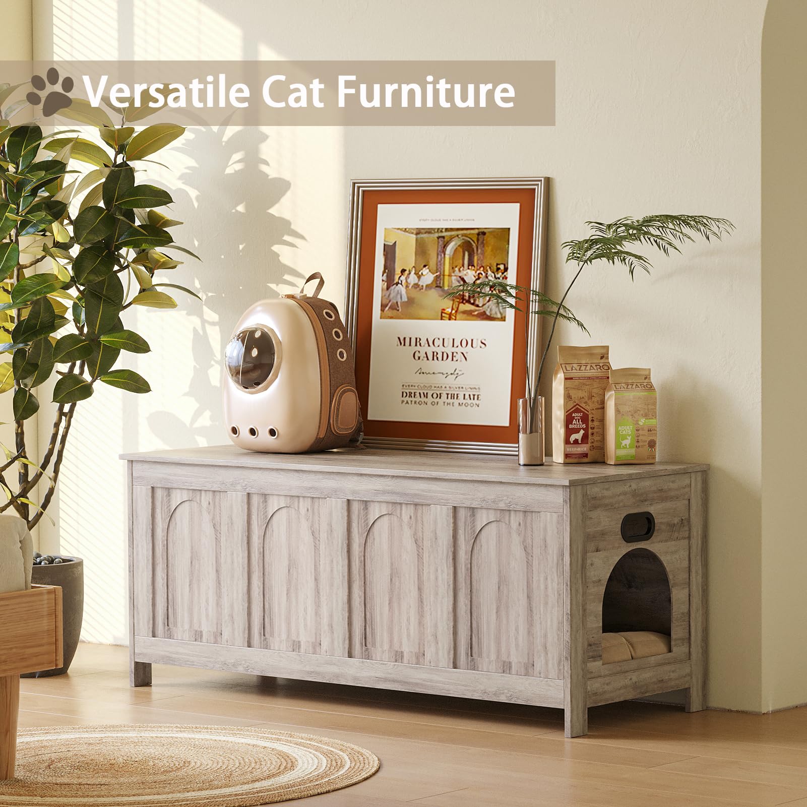 Dinzi Lvj Cat Litter Box Enclosure, Flip Top Litter Box Furniture, Hidden Cat Washroom, 2-Entrances Wooden Pet House, 47.2'' L X