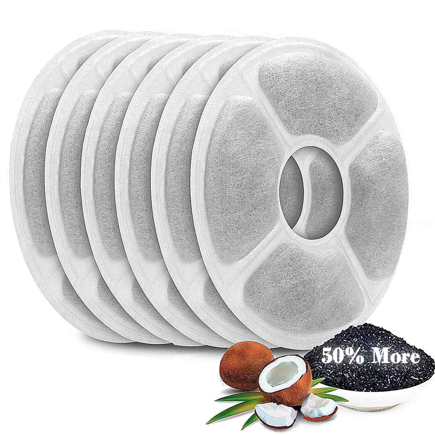 Cat Water Fountain Filters 6 Pack,50% More Activated Carbon Filters,Genuine Cat Flower Fountain Replacement Filters, Fit For Most Dog Pet Drinking Dispenser Triple Filtration (Not For Catit Fountain)