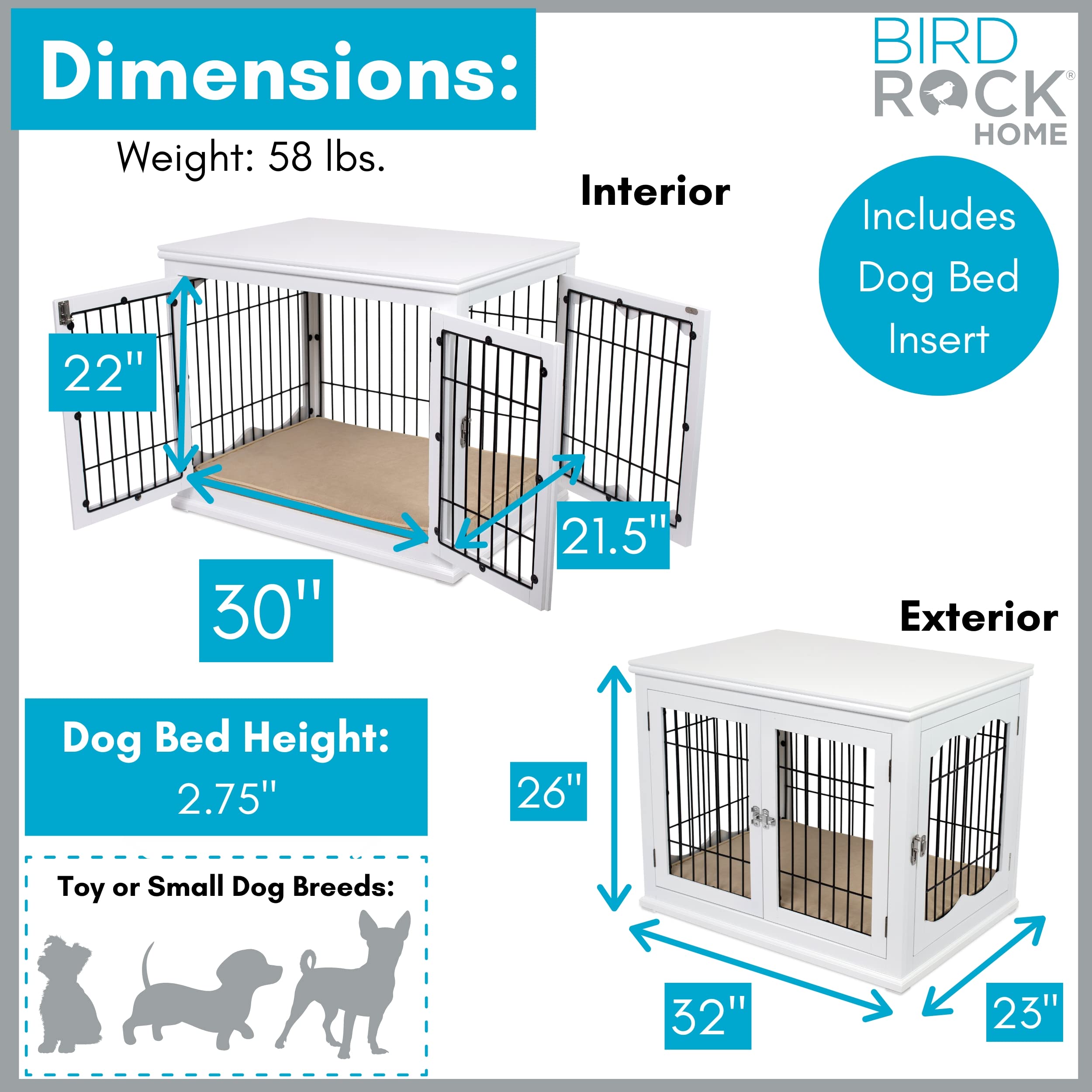 Birdrock Home Decorative Dog Kennel With Pet Bed - Small Indoor Pet Crate, Double Door Design, Engineered Wood & Metal Wire, Fur