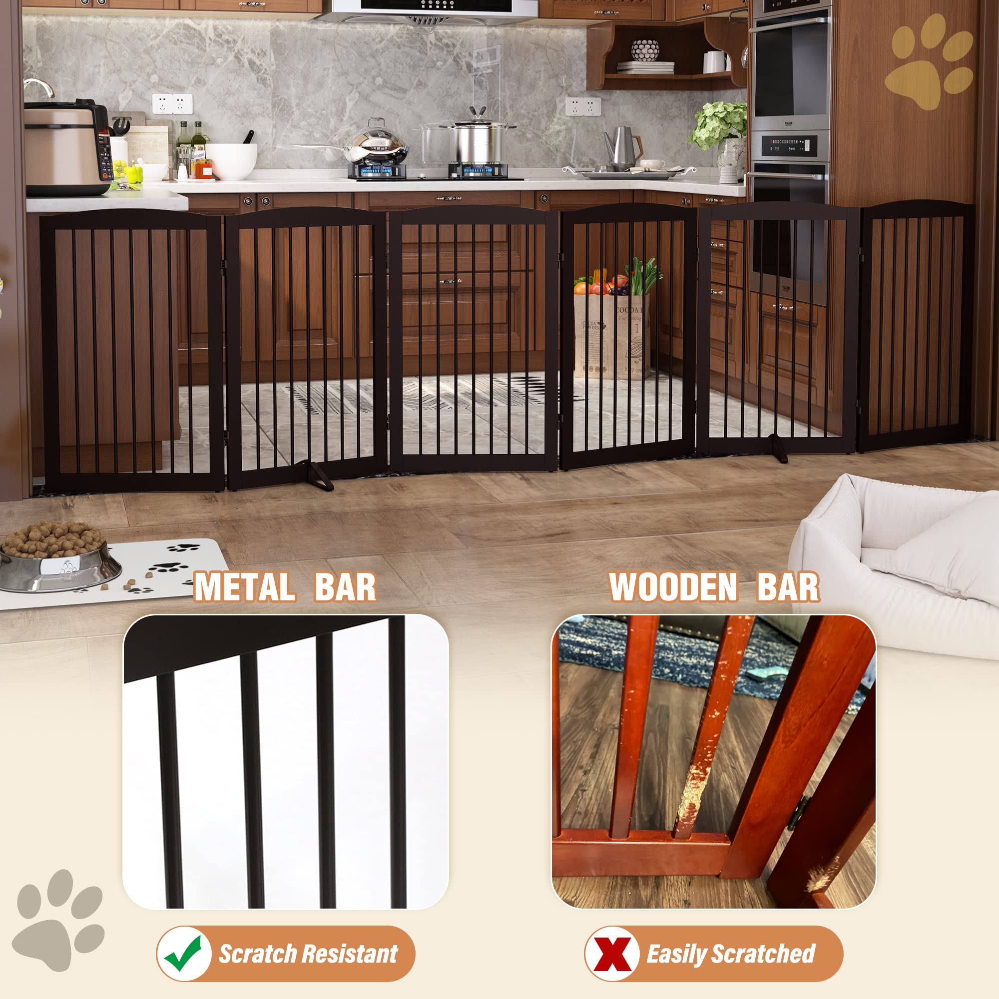 PUPETPO Freestanding Wooden Pet Gate for Dogs, 120" Wide, 6 Panels, Dark Brown, Model DB6-32, Foldable for Indoor Use