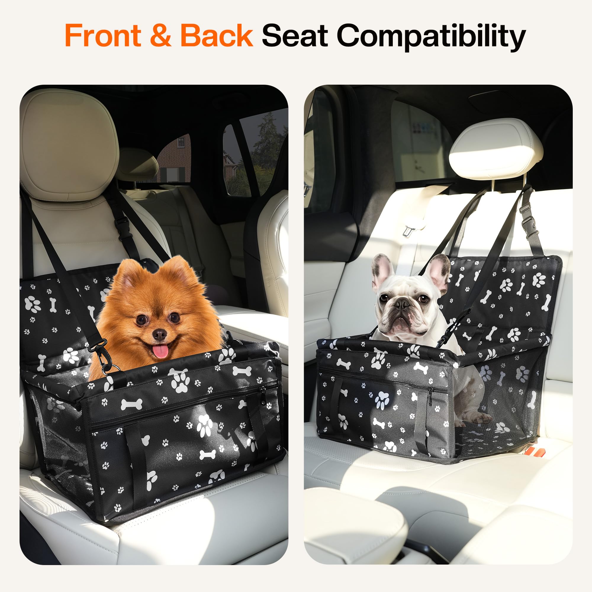Dog Car Seat for Small/Medium Dogs up to 20 lbs, Portable Pet Travel Seat with Safety Belts & Storage Pockets, Waterproof & Scra