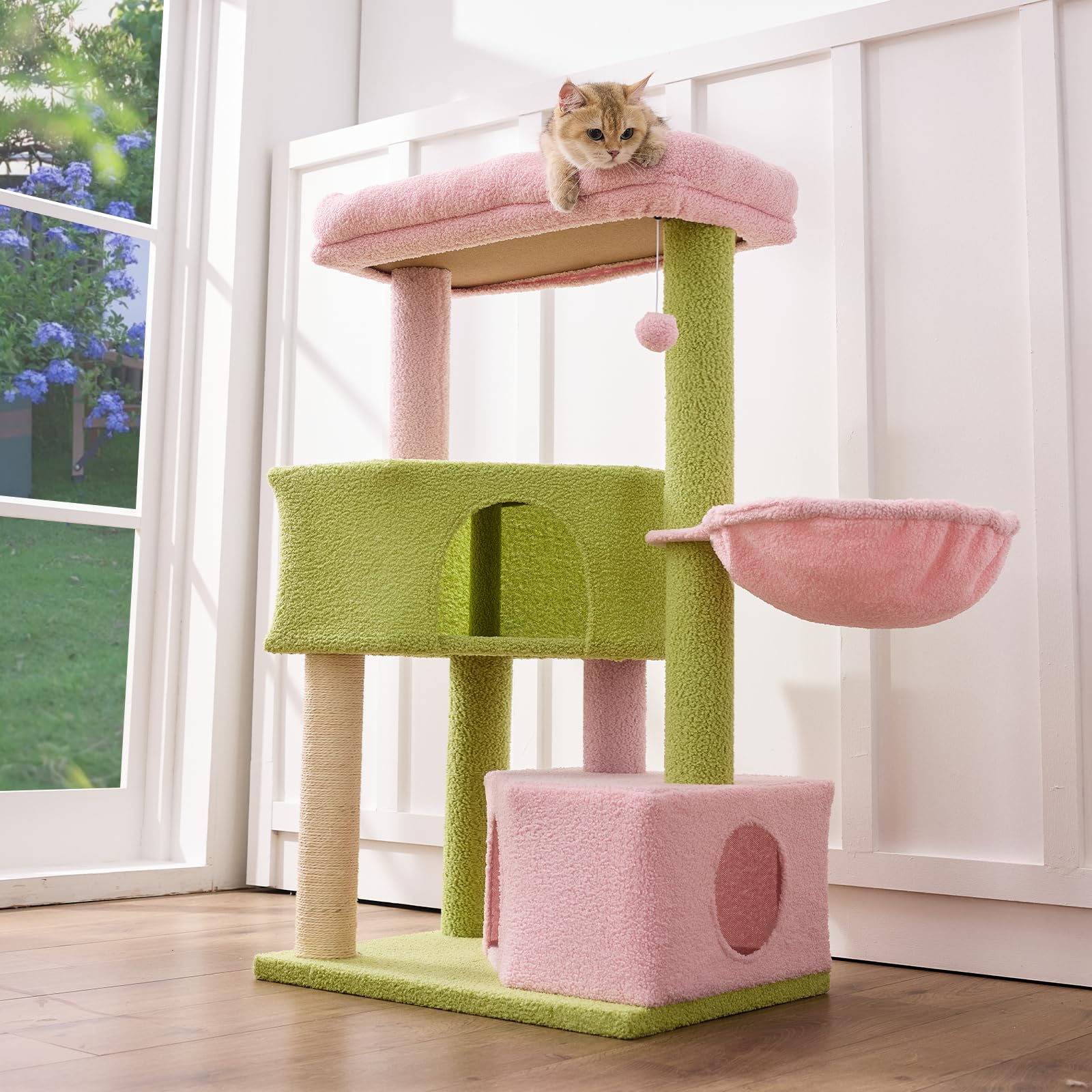 Gardner Pet 41 Tall Pink&Green Cat Tree for Medium-Large Cats, Heavy Duty Cat Tower with 2.8in Posts & Washable Top Perches, Spa