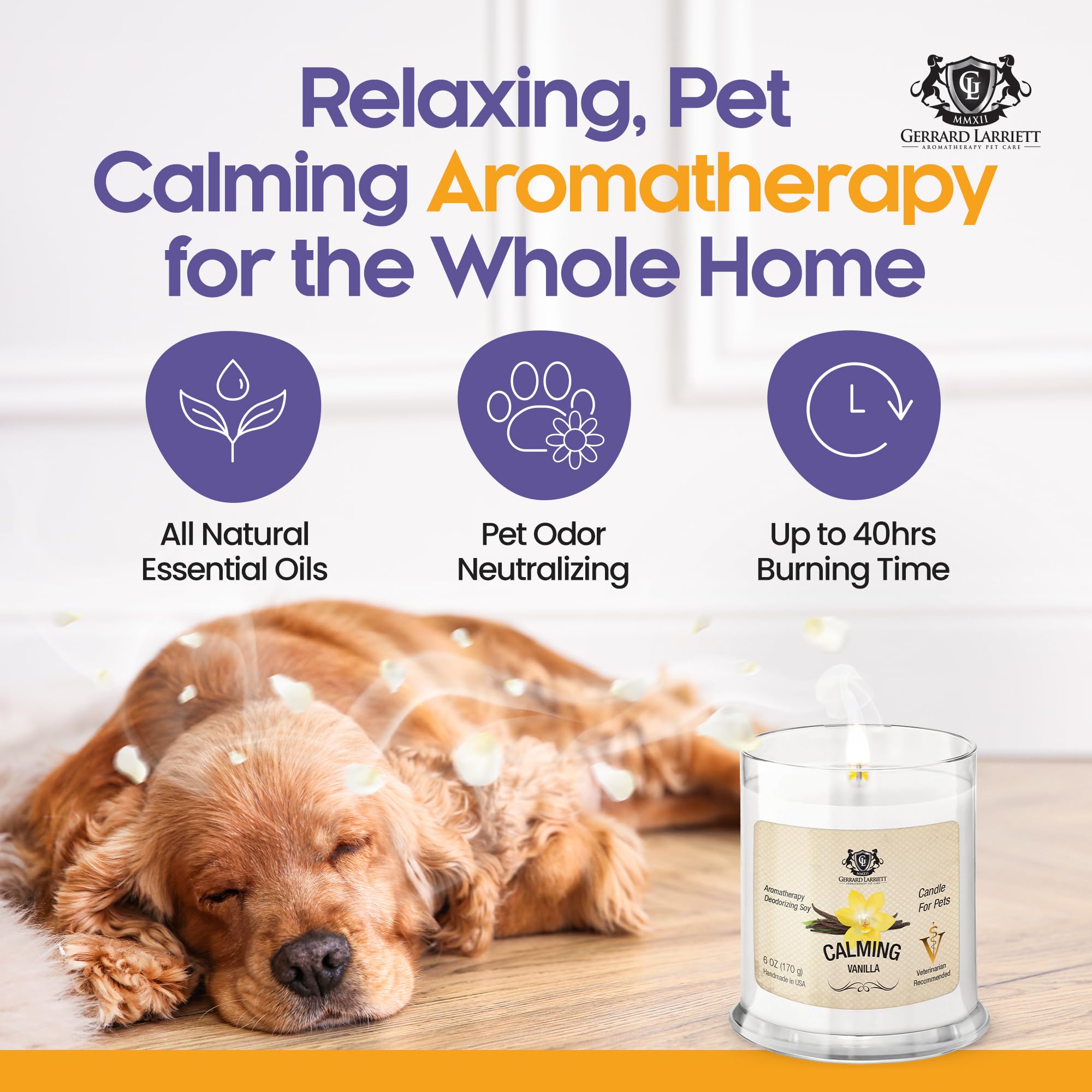 Gerrard Larriett - Deodorizing Soy Candles For Pets, Scented Candles For Removing Pet/Household Odors, White Candles For Home Scented With Calming Vanilla Candle Lasts Up To 40 Hours, 10 Oz