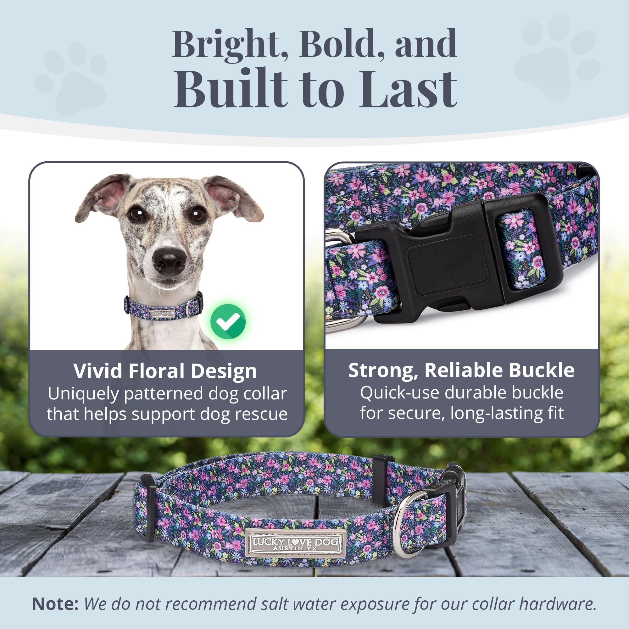 Lucky Love Dog, Comfortable, Soft, Cute Female Dog Collar For Medium Dogs, Black & Purple Floral Print, Adjustable Nylon Collar,