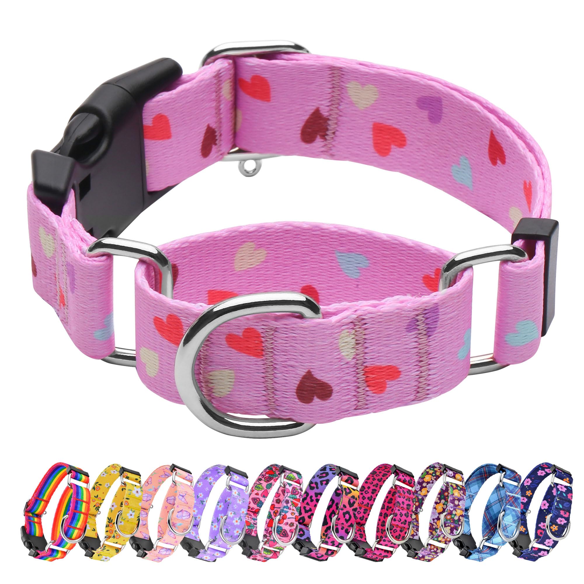 Hikiko Cute Pink Martingale Collar With Heart Design Soft Nylon Quick Release Buckle Dog Collars For Large Dogs (Fresh Love,Larg