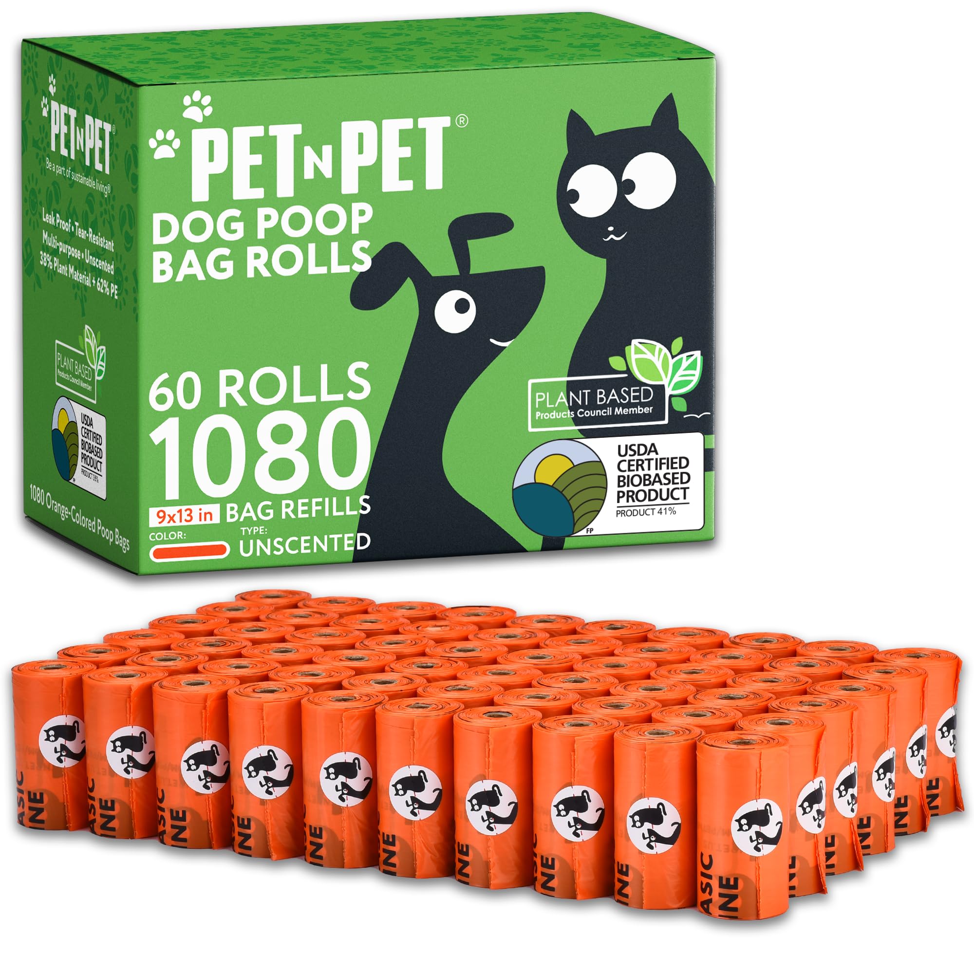 Pet N Pet 1080 Counts Orange Poop Bags For Dogs, 38% Plant Based & 62% Pe Extra Thick Dog Poop Bags Rolls, 9'' X 13'', Unscented