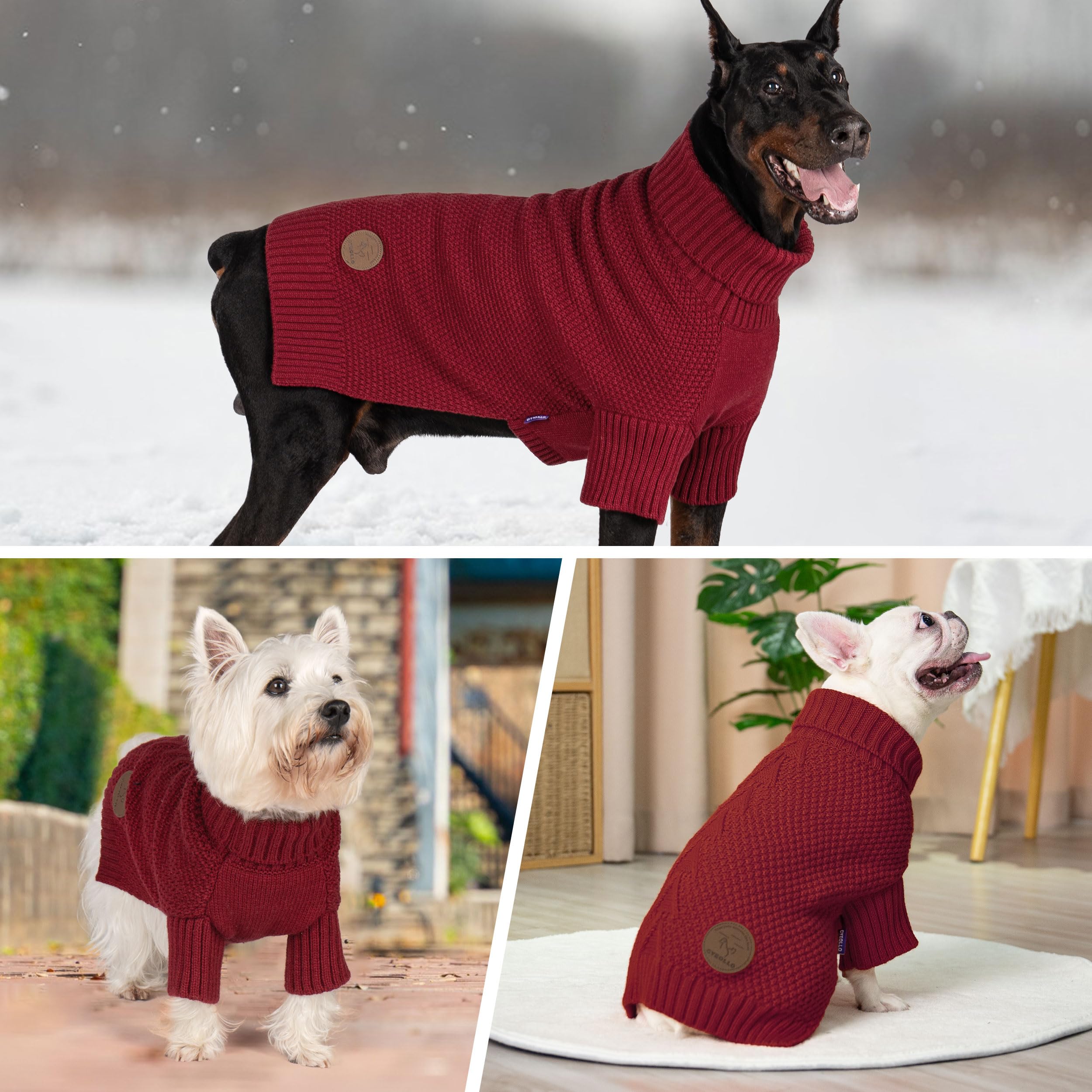 cyeollo Dog Sweater Knitwear with Leash Hole Turtleneck Pullover Sweaters Fall Winter Dog Clothes Sweaters for Large Dogs, Burgu