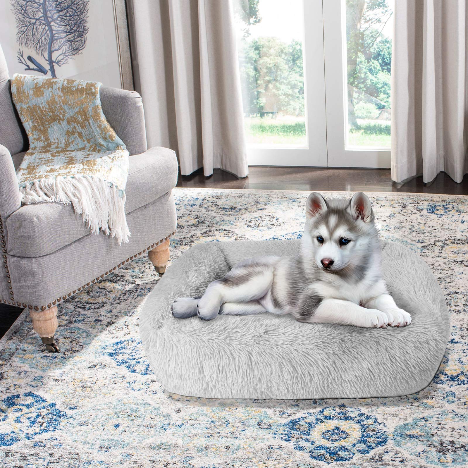 Lucky Monet Dog Bed For Large Dogs 31.5'' X 27.6'', Fluffy Calming Cat Bed, Washable With Sides, Soft Crate For Sleeping (L, Lig