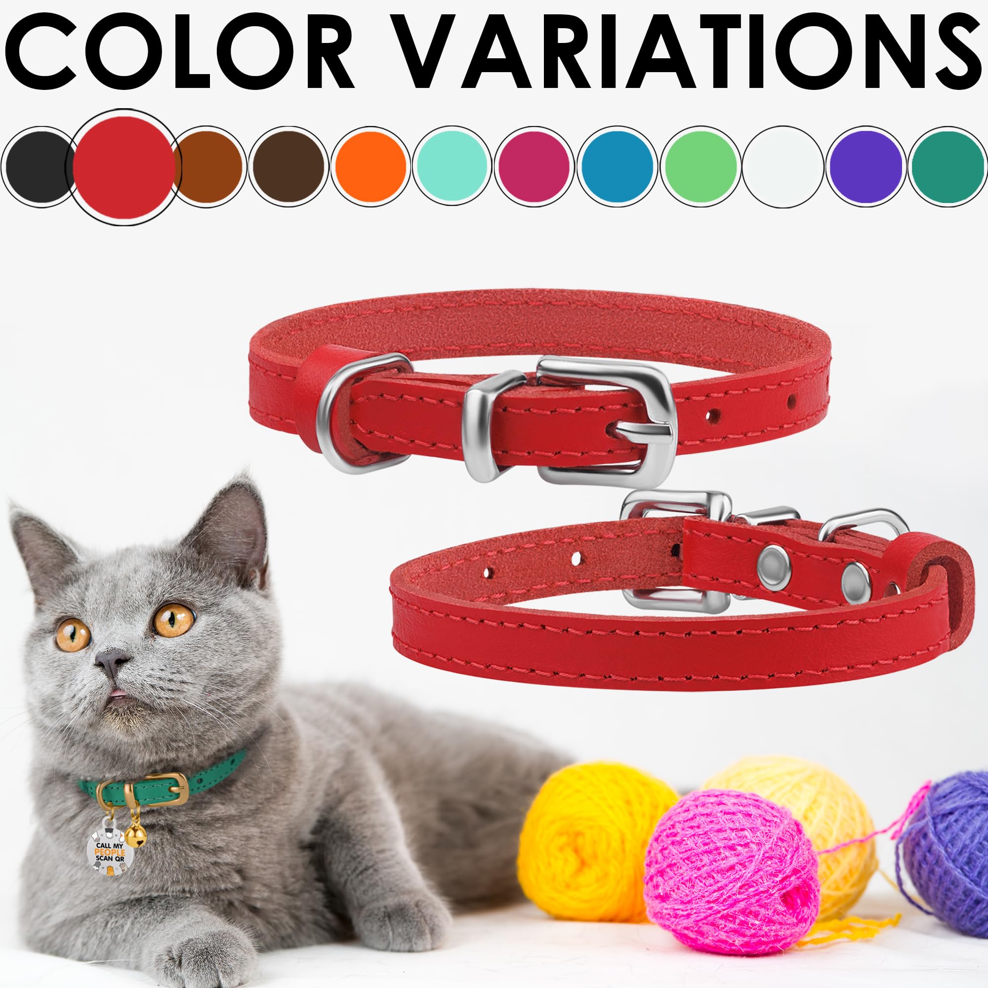 Bronzedog Leather Cat Collar With Removable Bells Non Breakaway Kitten Qr Tag For Girl Boy (9' - 12' Cats/Mini Dogs, Red & Silver)