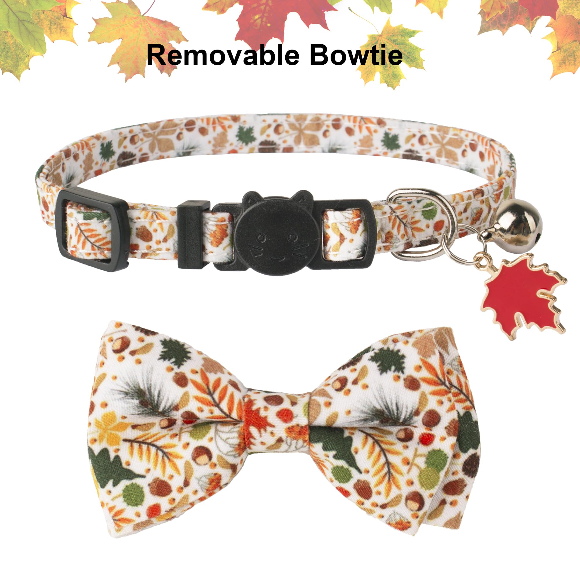 Adoggygo Fall Cat Collar With Removable Bow Tie Bell, 2 Pack Fall Leaves Thanksgiving Pet Bowtie Collar For Cats Kittens (7.5''-