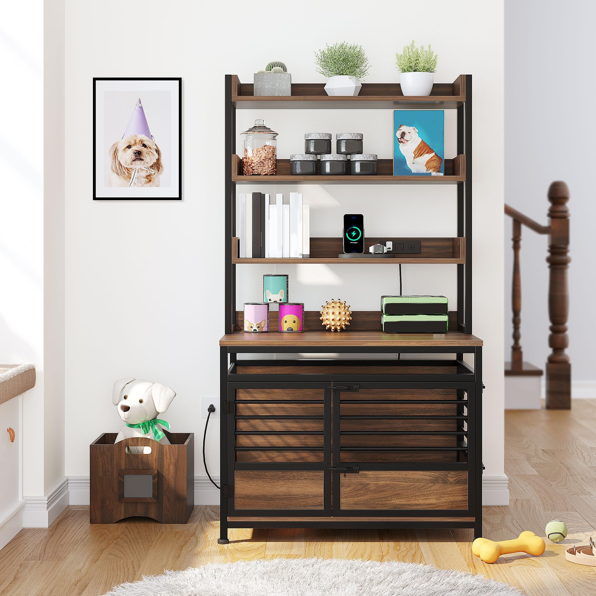 DWVO Dog Crate Furniture with Storage Shelves, Heavy Duty Dog Crate with Charging Station, 39 Inch Dog Kennel Indoor Furniture f