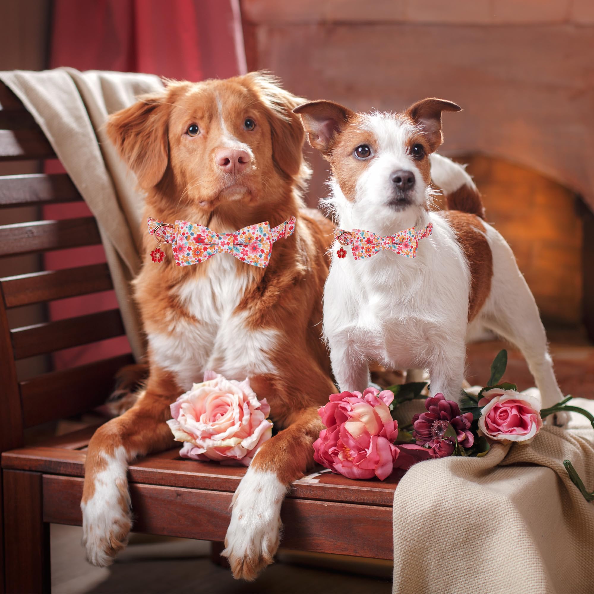 Adoggygo Floral Dog Collar With Bow, Metal Buckle, Adjustable Red Pink Pet Flower Collar For Extra Large Dogs (X-Large)