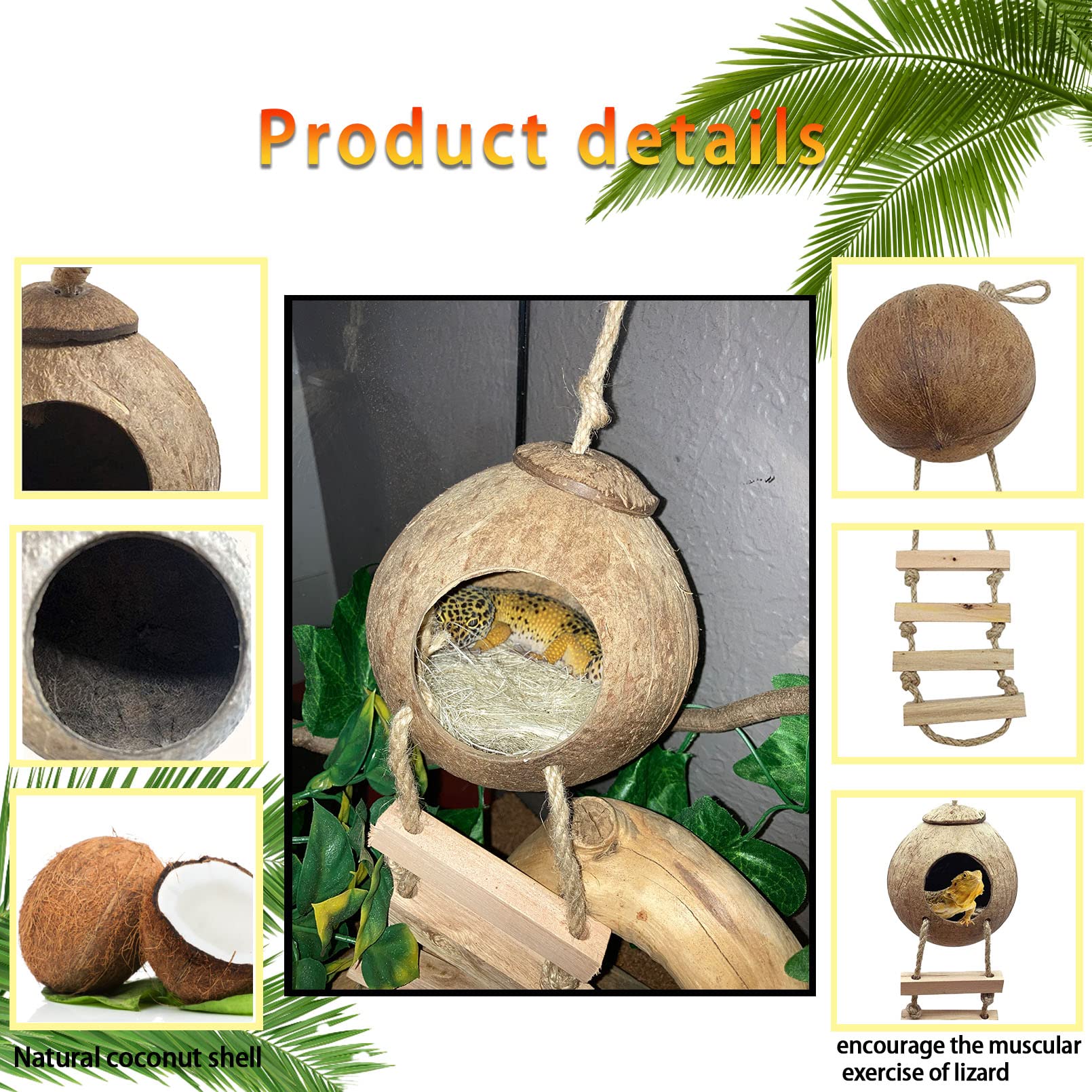 kathson Leopard Gecko Coconut Husk Hut Reptile Habitat Accessories Hideout Hole Climbing Ladder Bendable Hanging Plants Sleeping