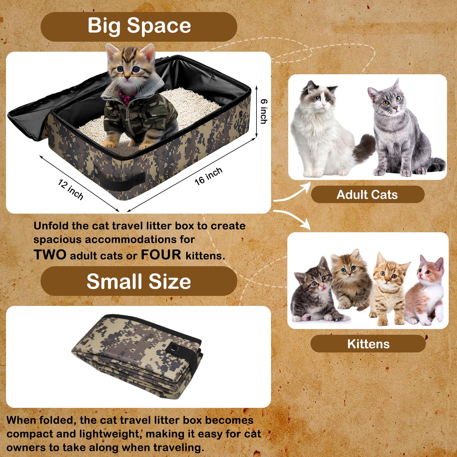 Folding Portable Cat Litter Box With Lid, 16' * 12' * 6' Inch, Collapsible Cat Travel Litter Box With Zipper For Traveling & Cam