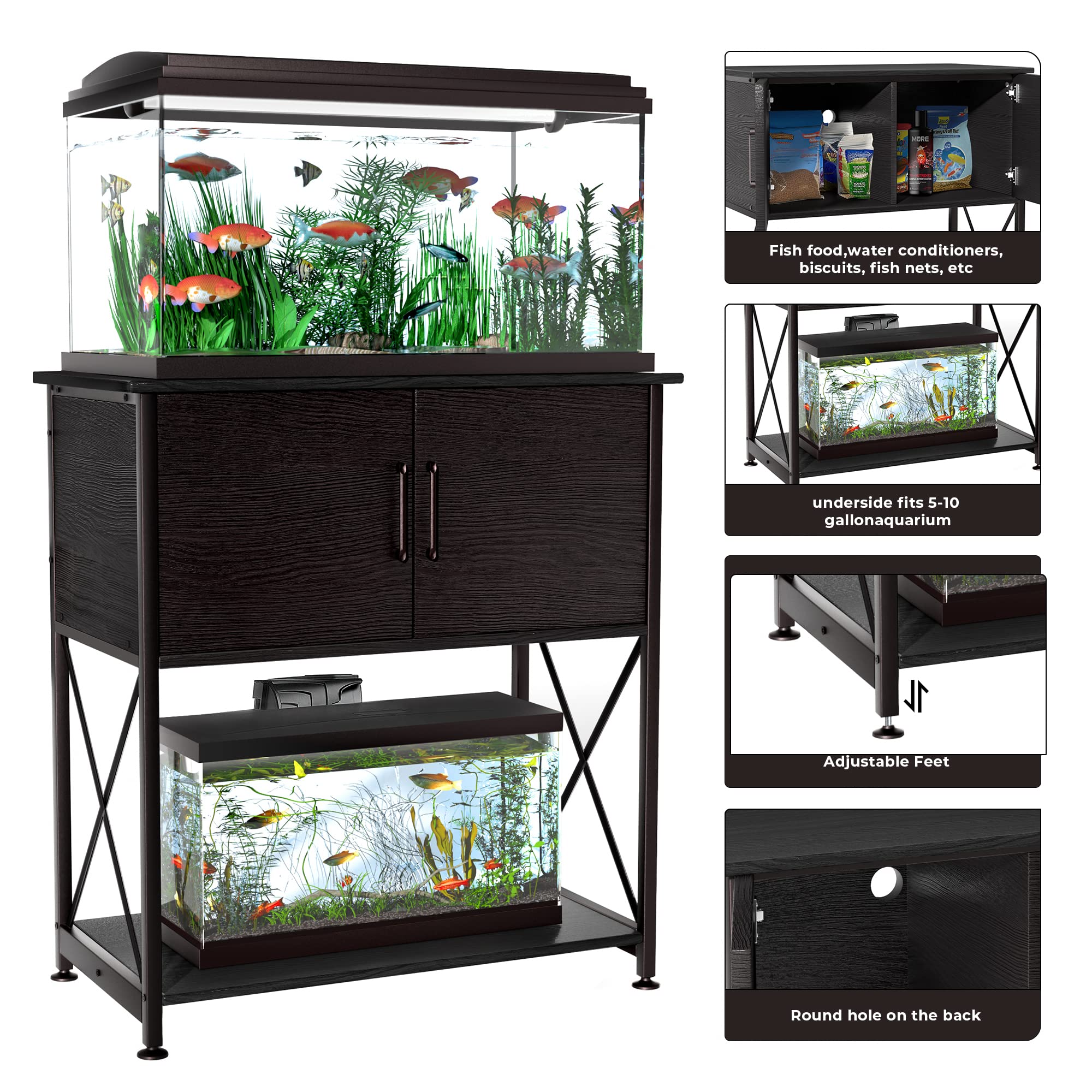 Herture 20-29 Gallon Aquarium Stand Metal Frame Fish Tank Stand with Cabinet Storage, for 20 Gallon Long Aquarium,30.7  L*16.5