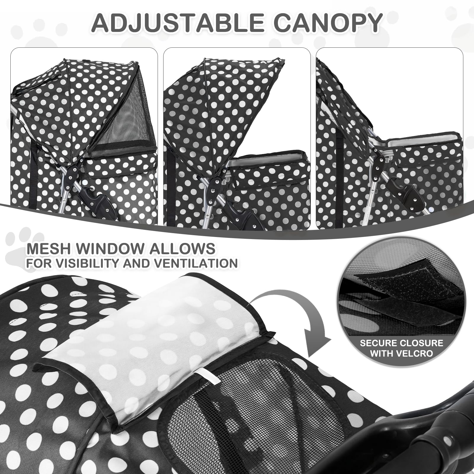 Monibloom 3 Wheels Pet Dog Cat Stroller For Small Medium Dogs Cats, Foldable Jogger Stroller W/Storage Basket And Cup Holder, Black Polka Dots