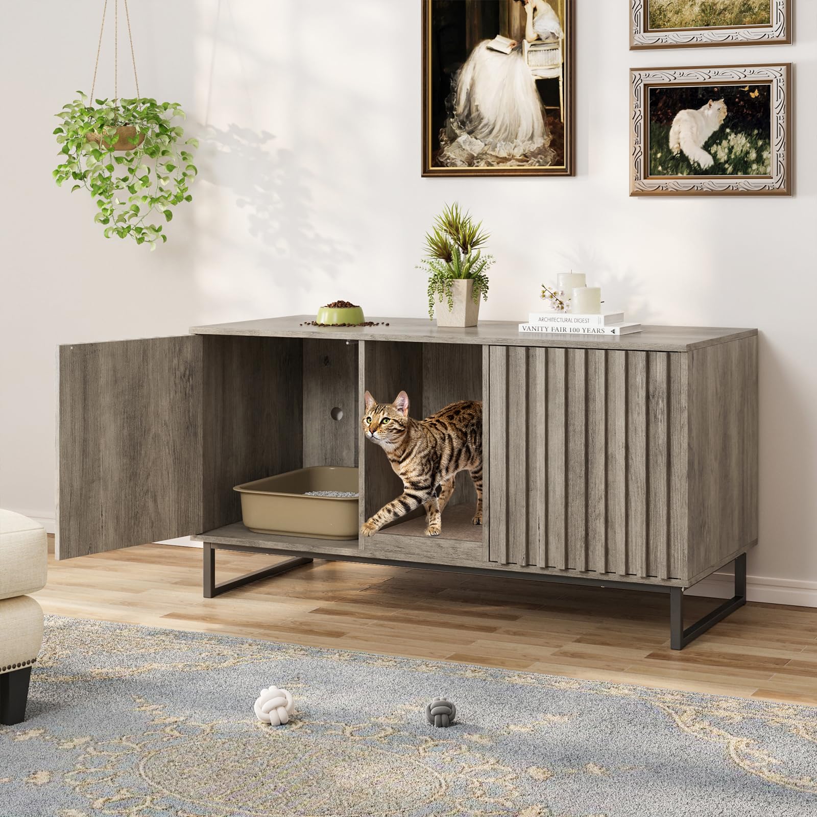 Vabches 47.2    Large Cat Litter Box Enclosure With Scratch Pad, Double Hidden Wooden Indoor Cat House, Tv Stand Side Table Pet